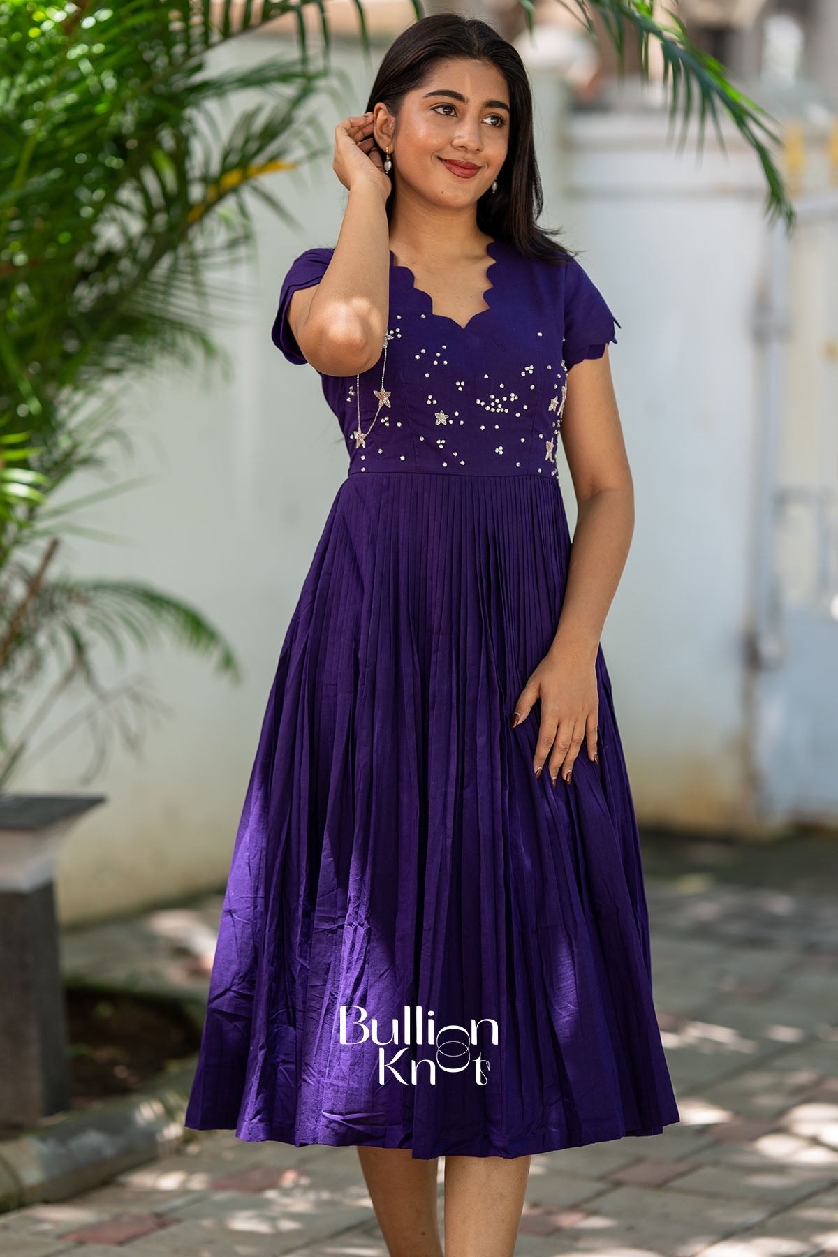 Galaxy Blue Mul Cotton Handwork Midi Dress