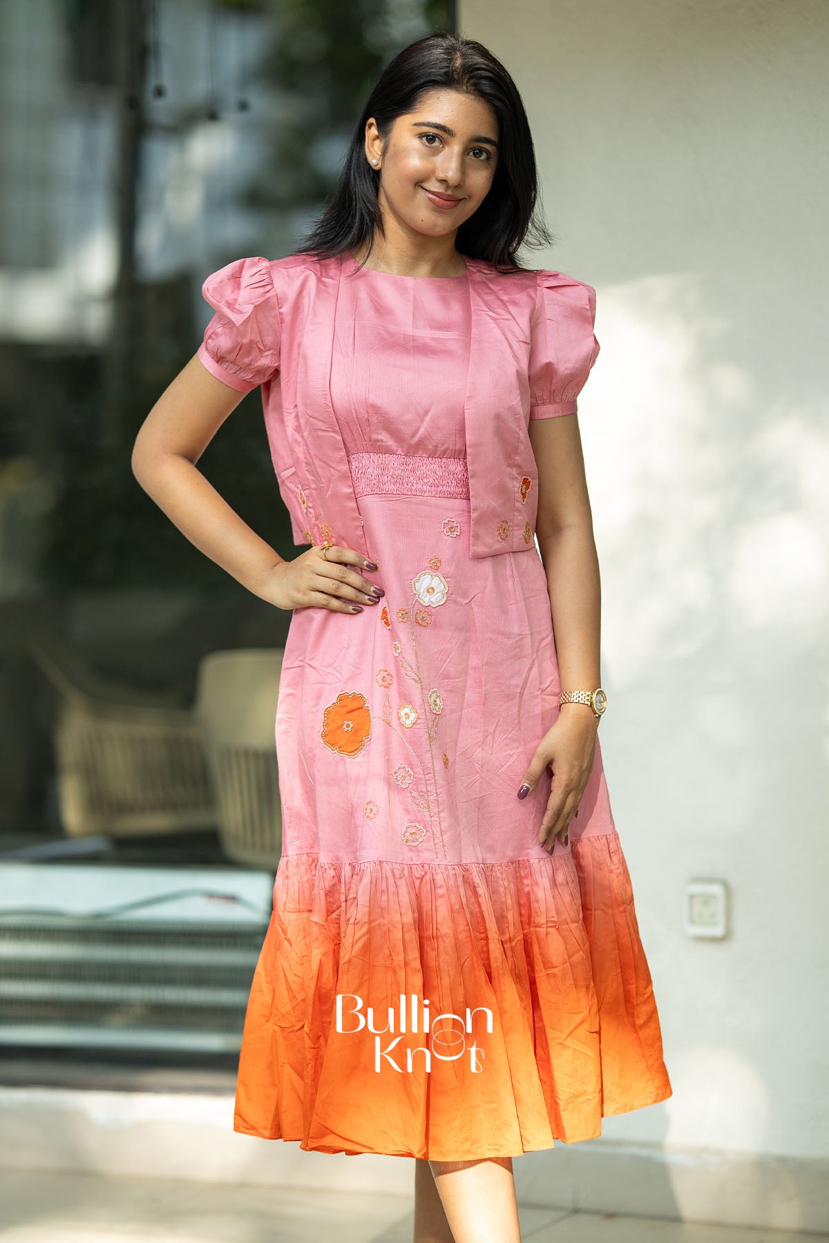 Daisy Pink Chanderi Jacket Midi Dress for women – elegant handwoven festive wear