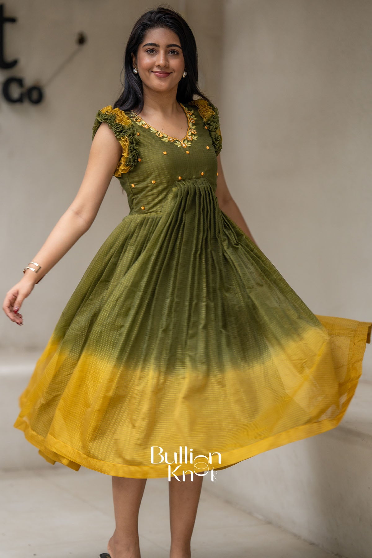 Teracotta Olive Green Kota Ruffle Midi Dress