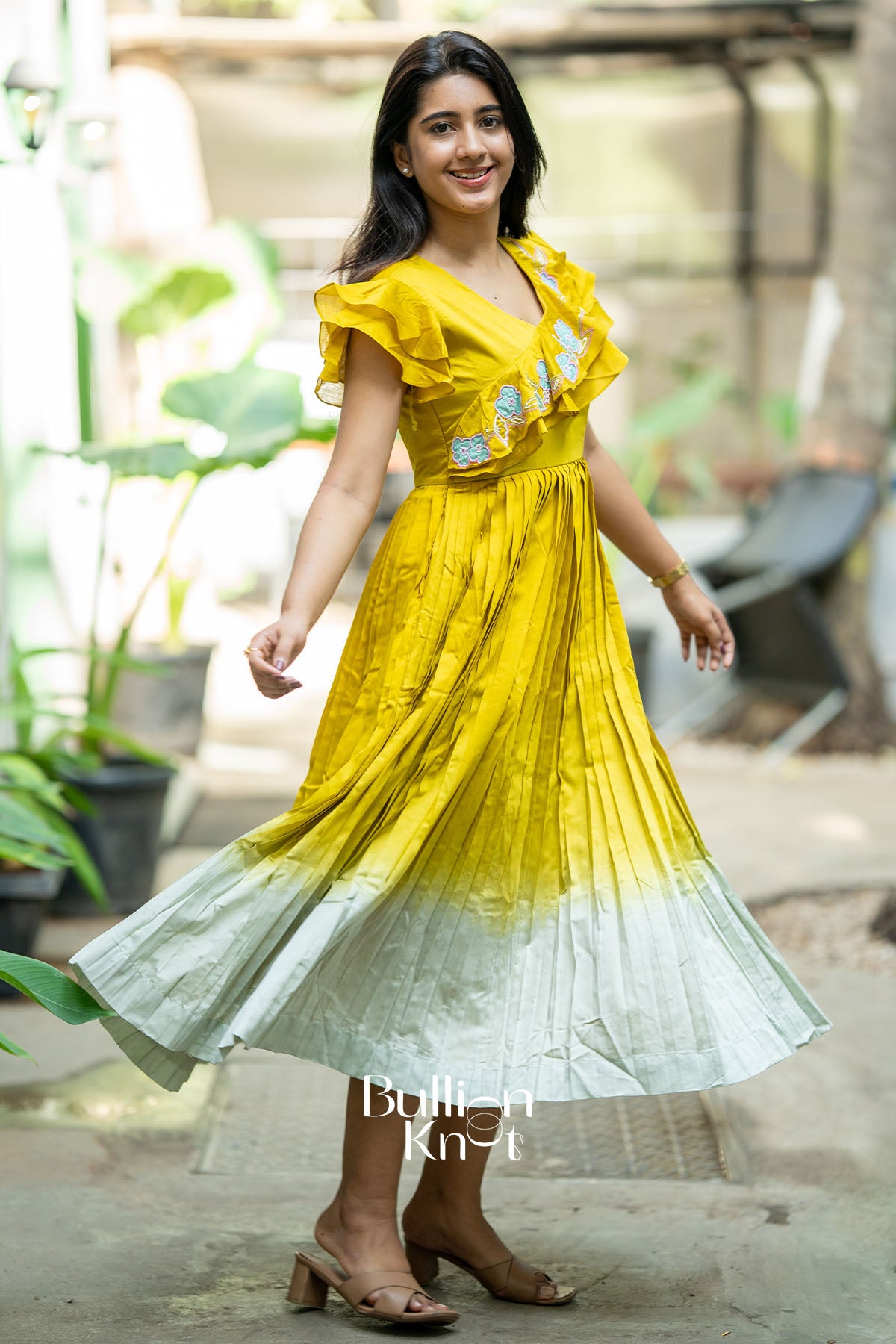 Pistacheoin Lime Yellow Chanderi Knife-pleated Midi Dress