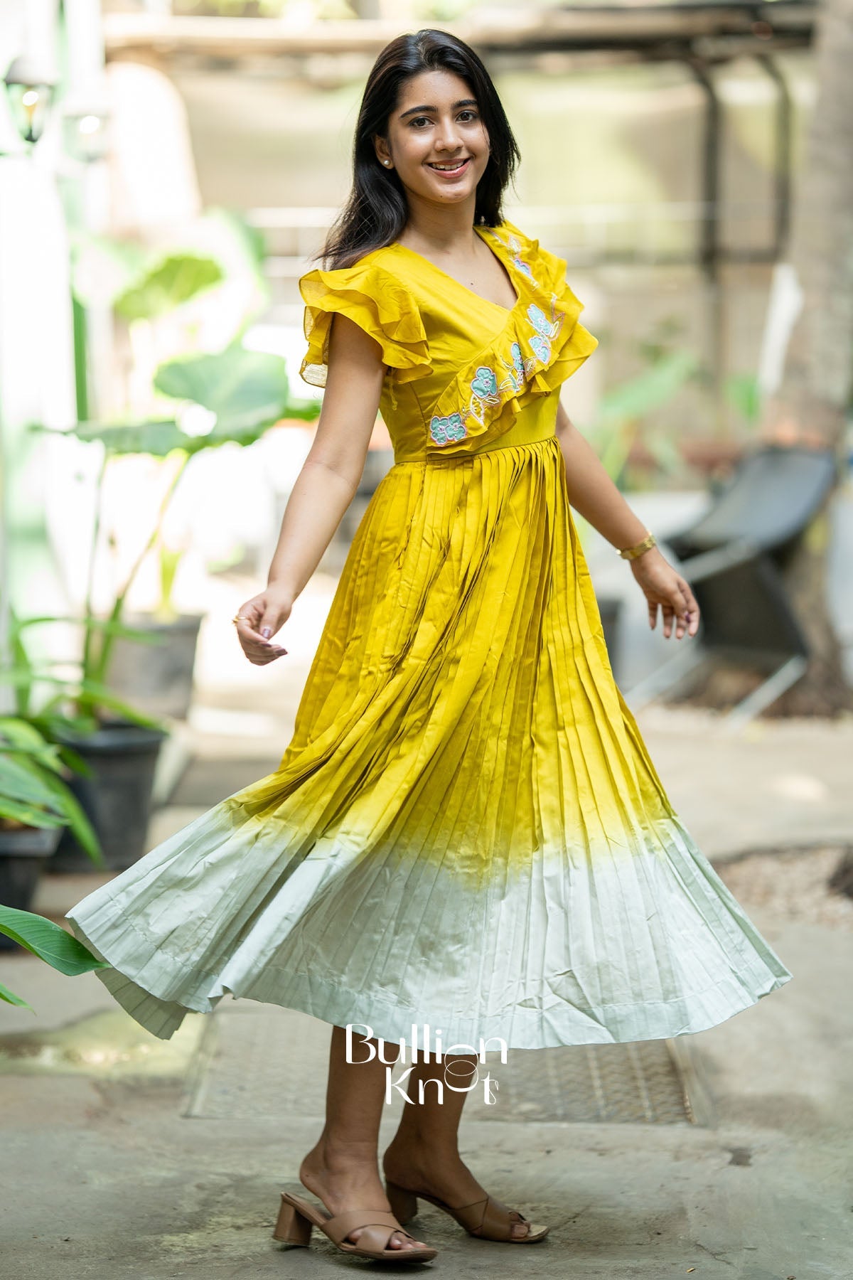 Pistacheoin Lime Yellow Chanderi Knife-pleated Midi Dress
