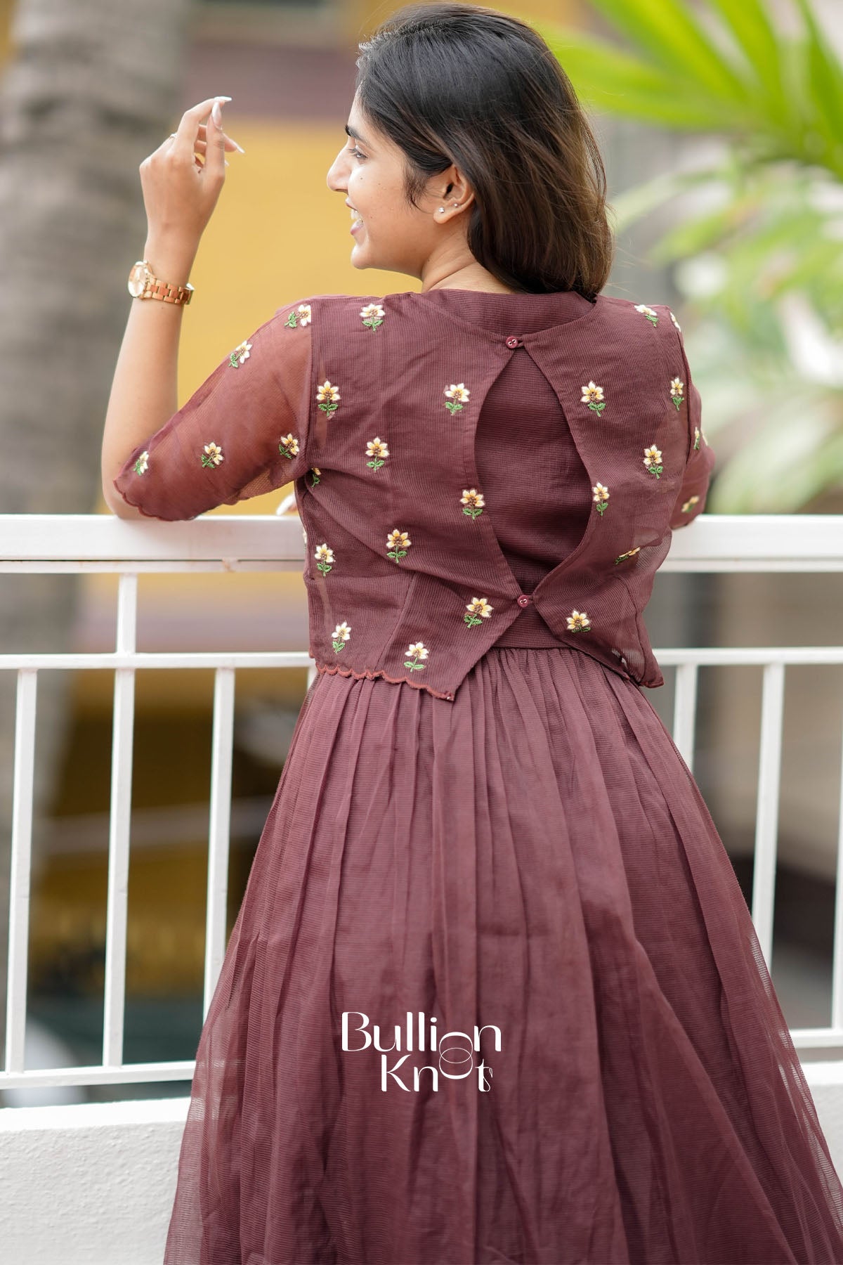 Tinyphool Brown Kota Mock-Embroidered Jacket Midi Dress