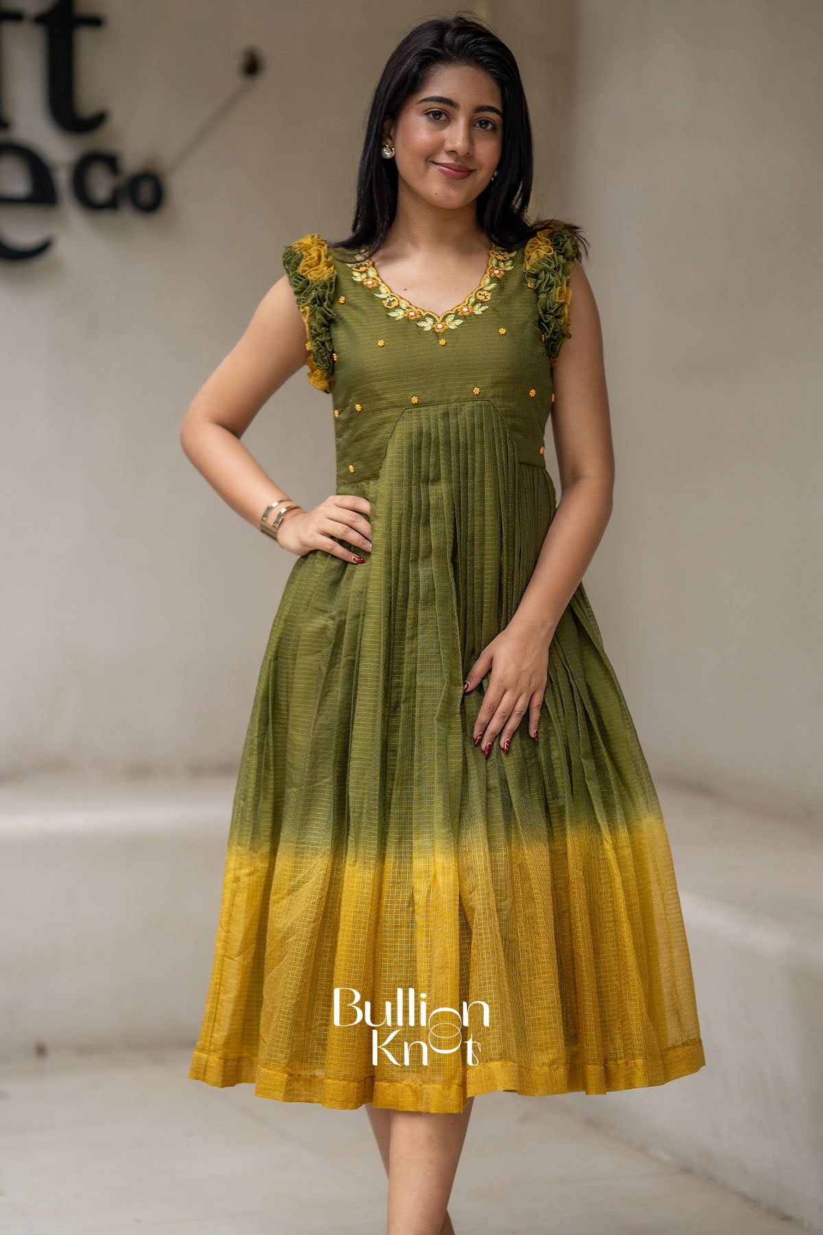 Teracotta Olive Green Kota Ruffle Midi Dress