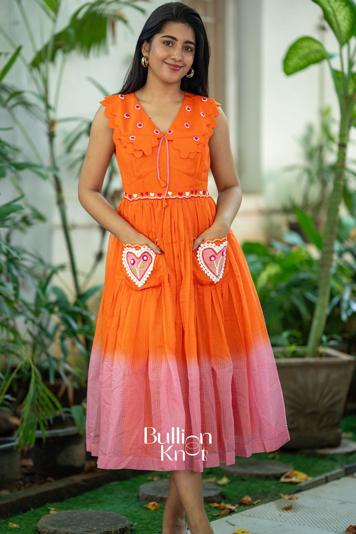 Ombre Pockets Orange Kota Midi Dress