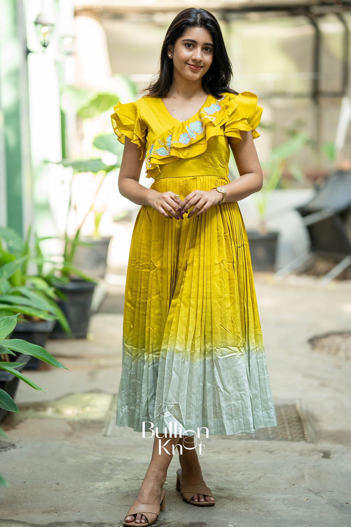 Pistacheoin Lime Yellow Chanderi Knife-pleated Midi Dress