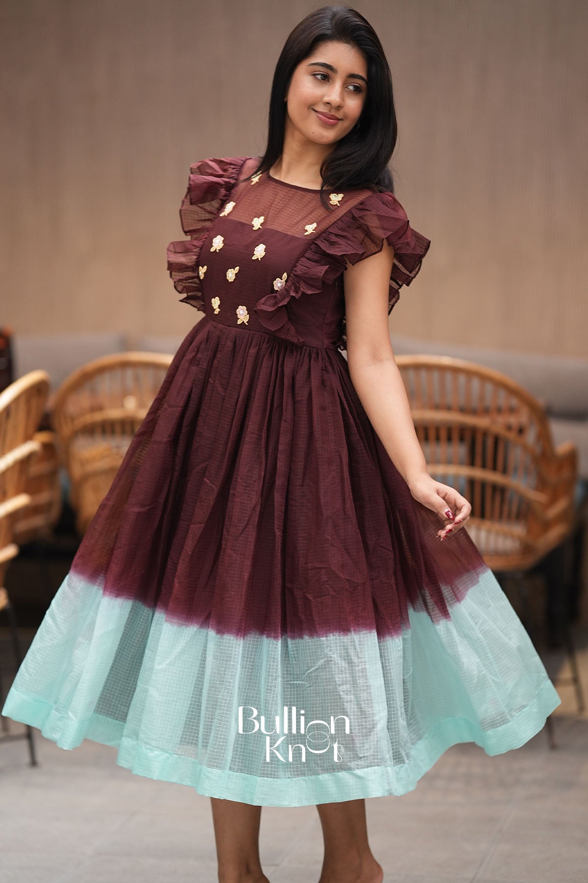 Glowtide Brown Kota Ruffle Midi Dress