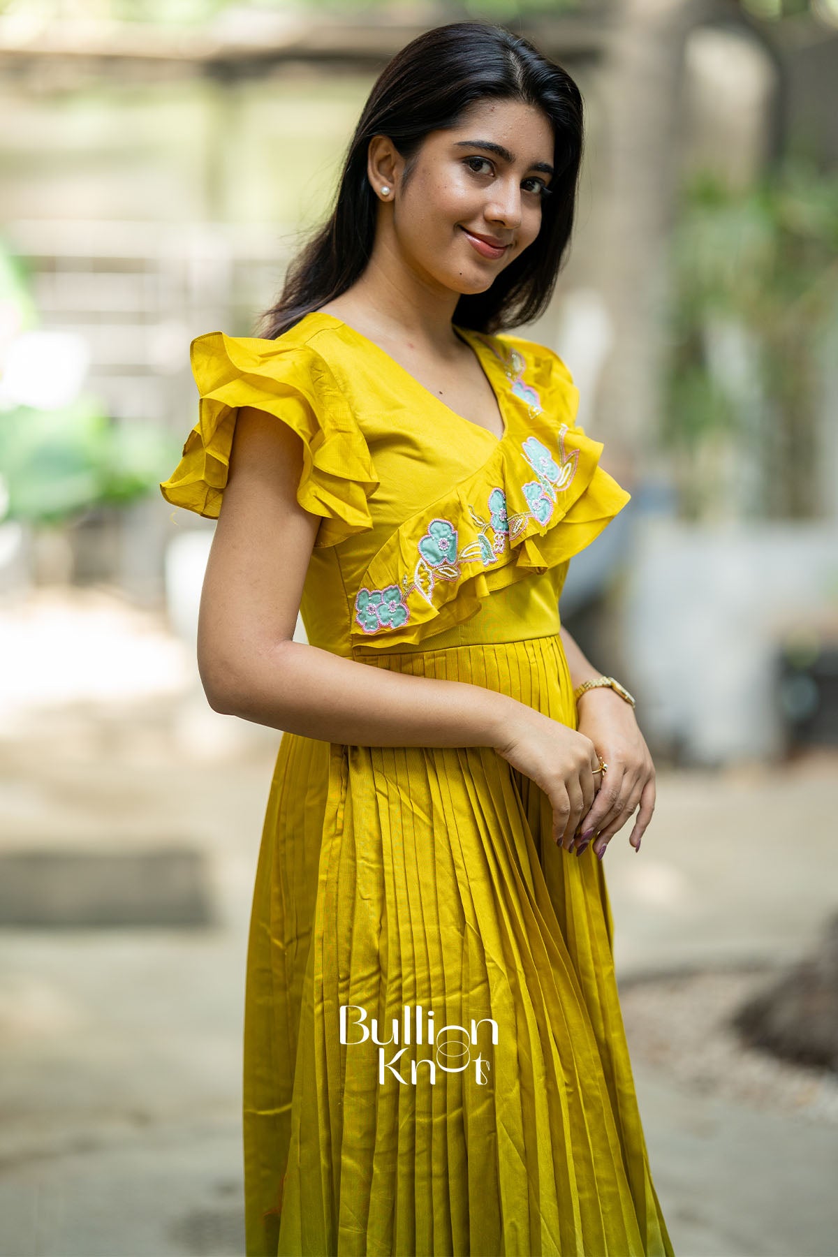 Pistacheoin Lime Yellow Chanderi Knife-pleated Midi Dress
