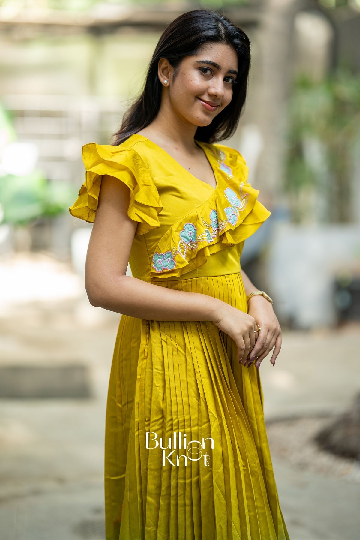 Pistacheoin Lime Yellow Chanderi Knife-pleated Midi Dress