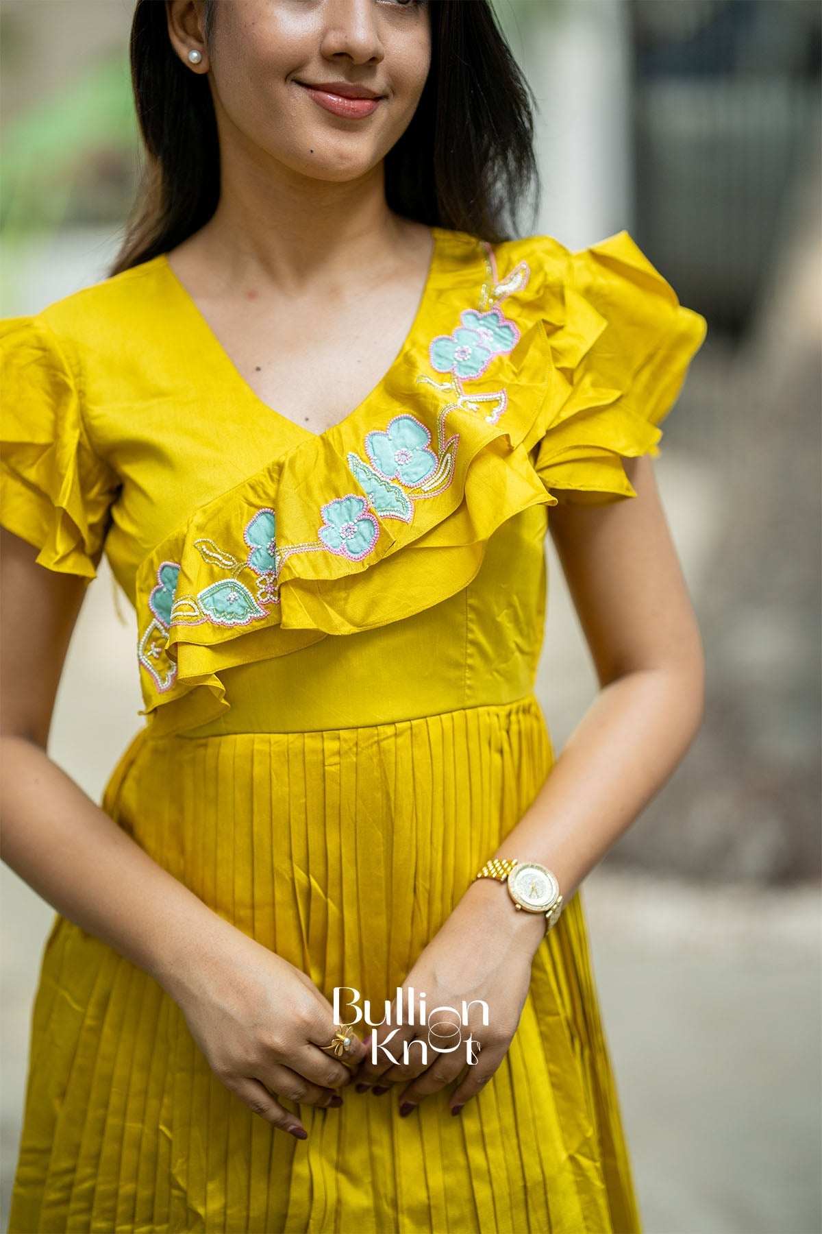 Pistacheoin Lime Yellow Chanderi Knife-pleated Midi Dress