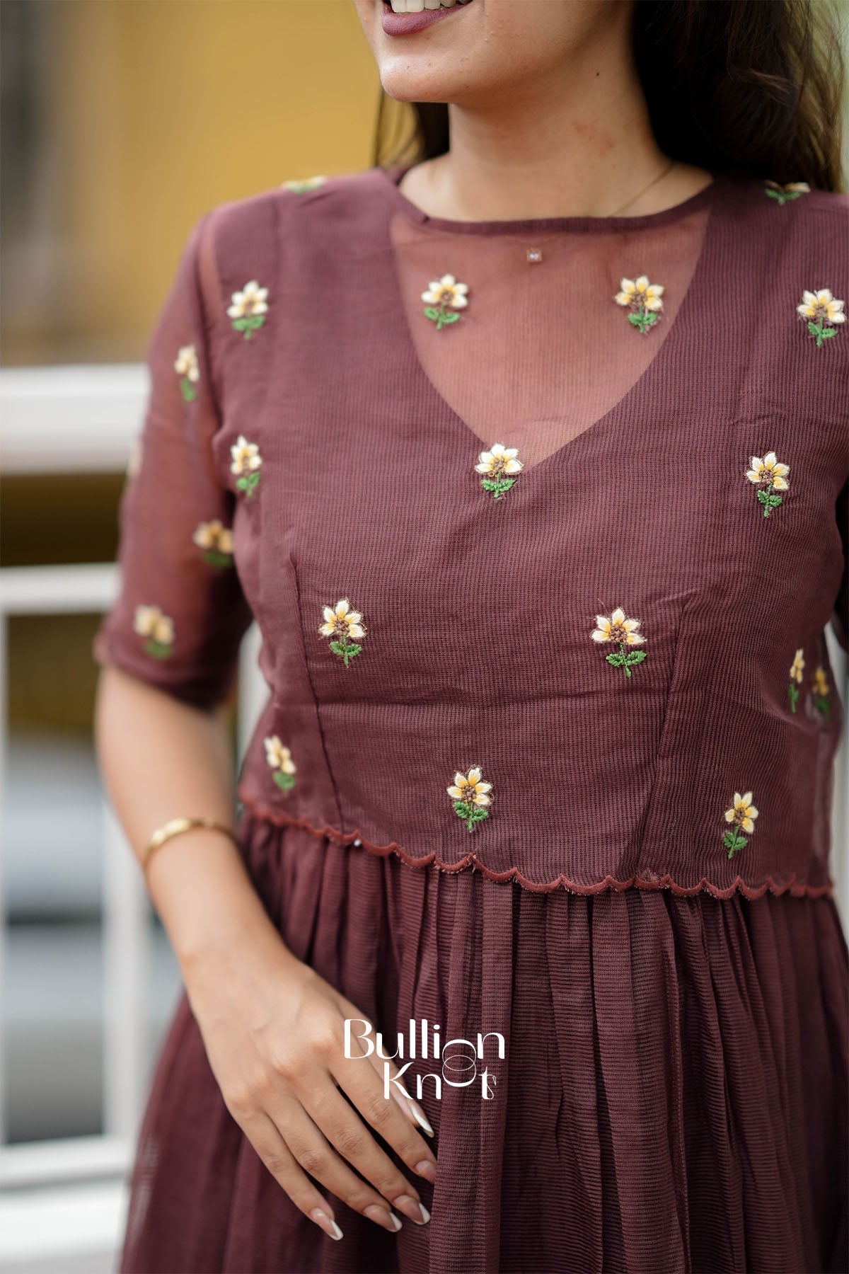 Tinyphool Brown Kota Midi with Mock-Embroidered Jacket Dress
