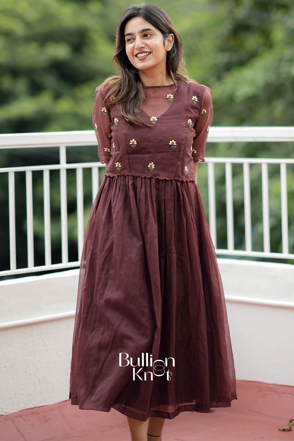 Tinyphool Brown Kota Mock-Embroidered Jacket Midi Dress