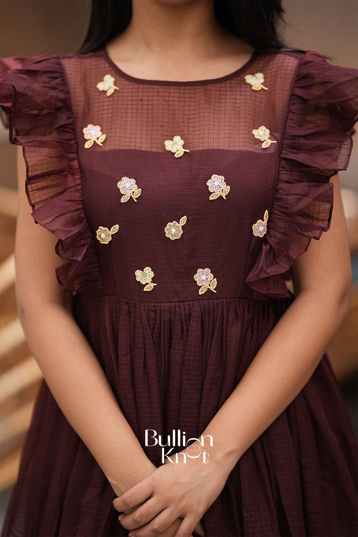 Glowtide Brown Kota Ruffle Midi Dress