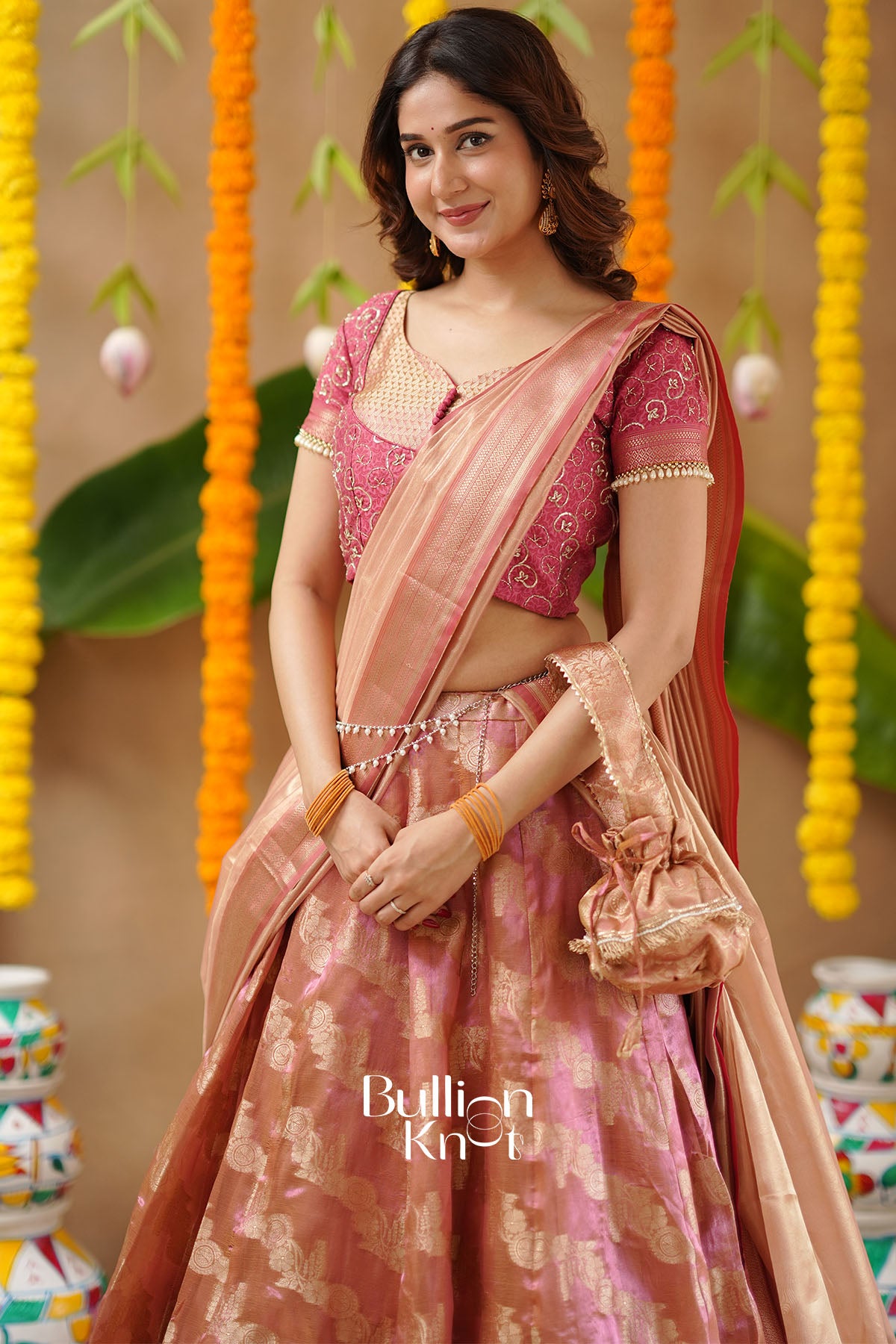 Pratiksha 2-In-1 Tissue Zari Peach Gold Lehenga With Potli Purse