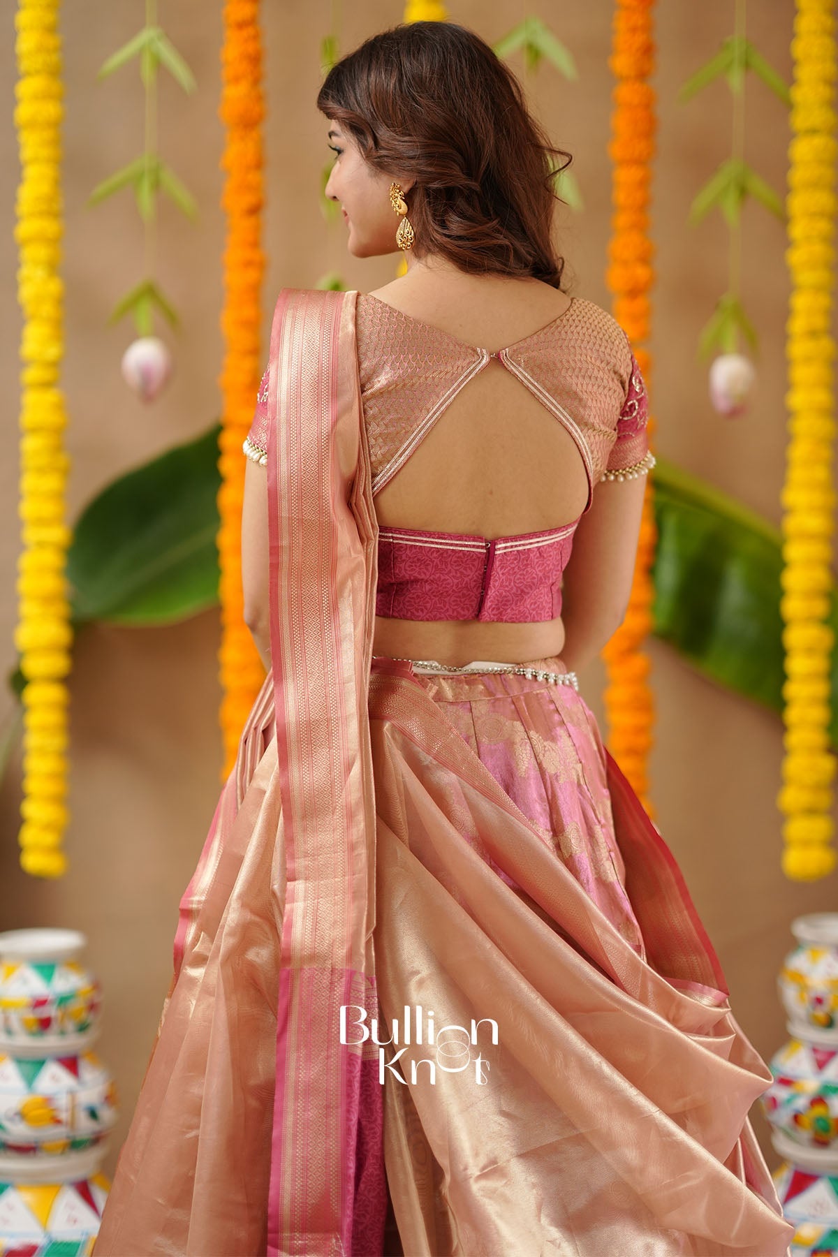 Pratiksha 2-In-1 Tissue Zari Peach Gold Lehenga With Potli Purse