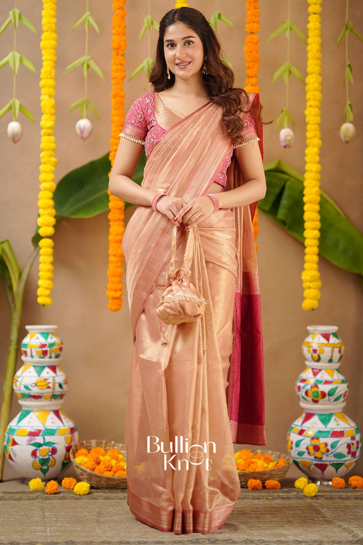 Pratiksha 2-In-1 Tissue Zari Lehenga Set In Peach Gold