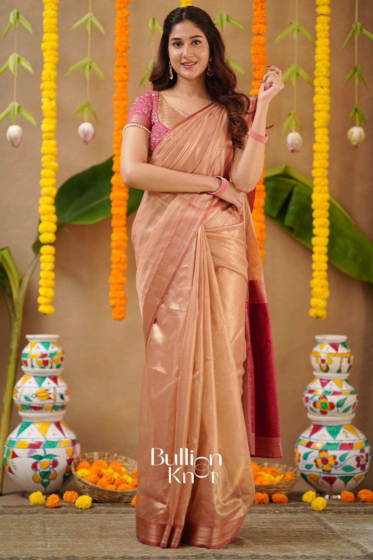 Pratiksha 2-In-1 Tissue Zari Lehenga Set In Peach Gold