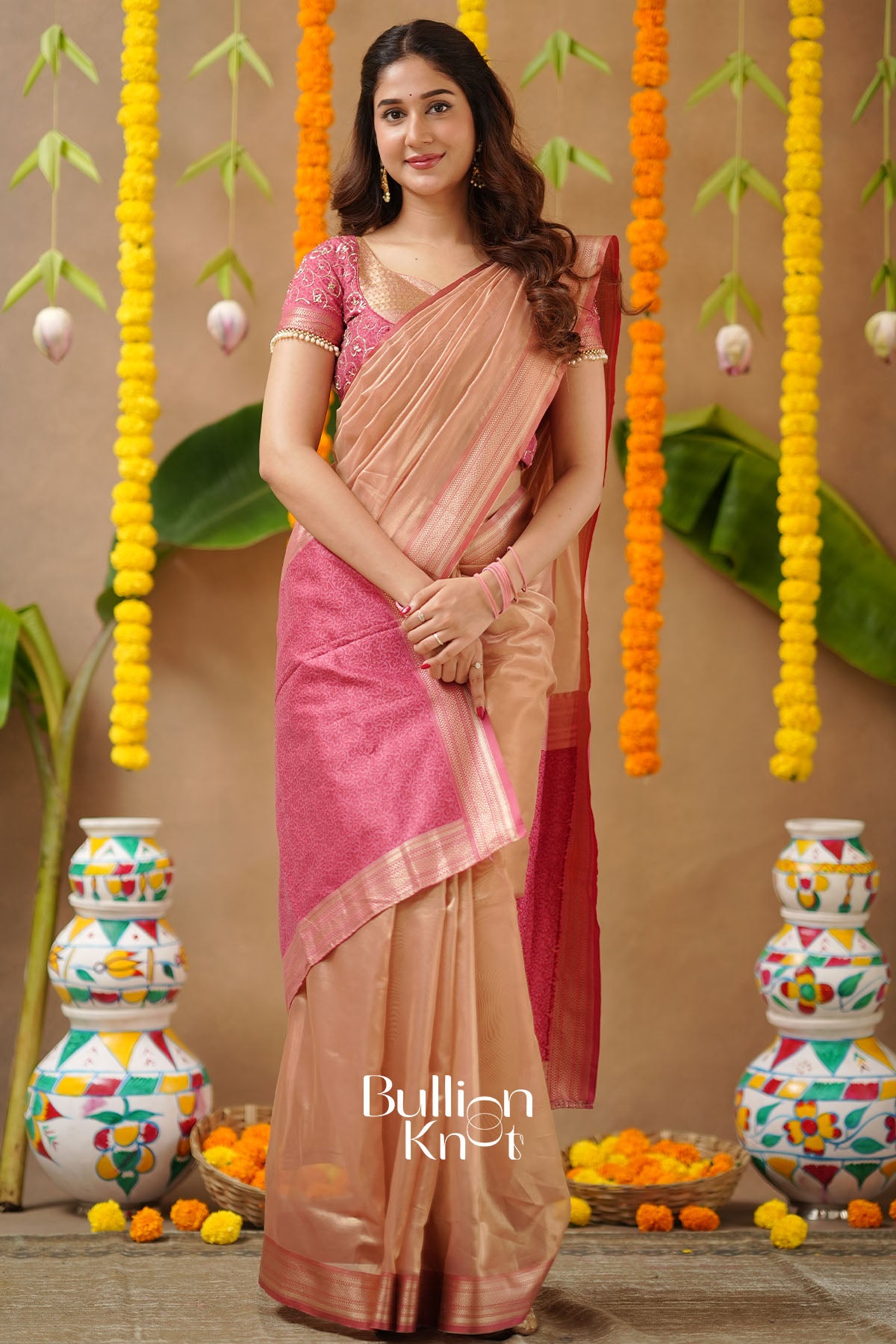 Pratiksha 2-In-1 Tissue Zari Lehenga Set In Peach Gold