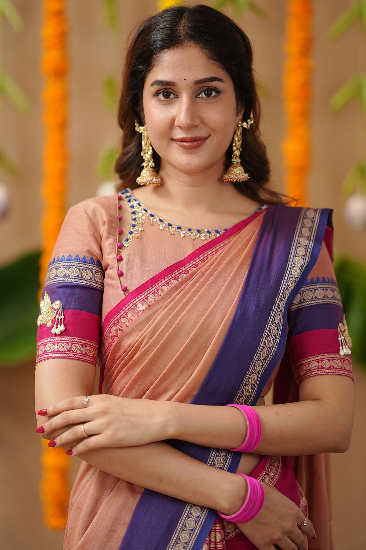 Mridula 2-In-1 Peach Half Saree With One-Side Cutout Blouse