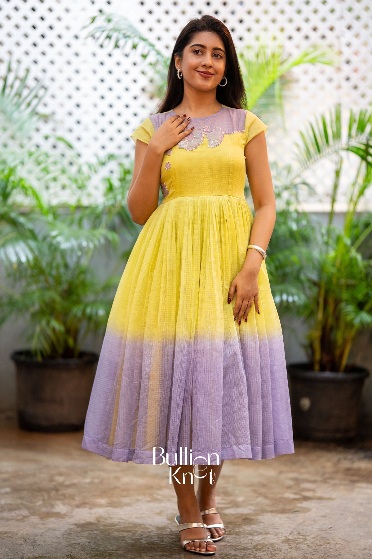 Aarzoo Yellow Handwork Kota Midi Dress