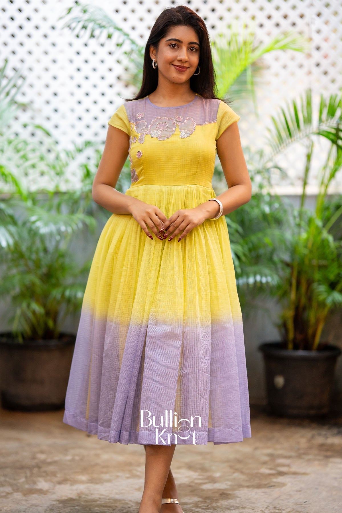 Aarzoo Yellow Handwork Kota Midi Dress