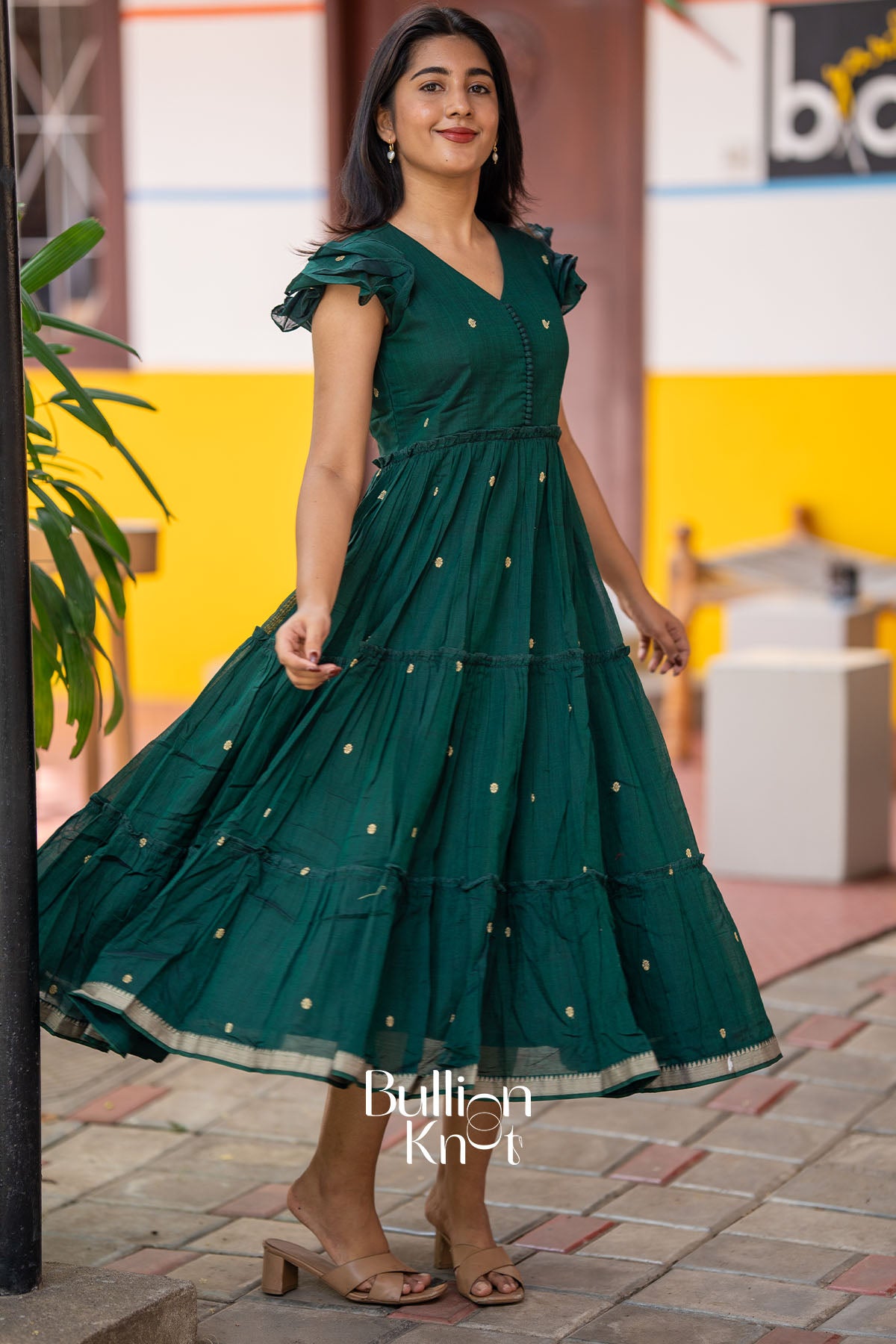 Ishani Handloom Midi(Dress) in Bottle Green