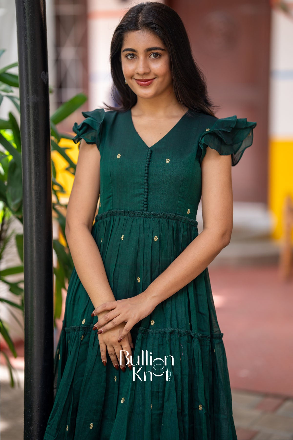 Ishani Handloom Midi(Dress) in Bottle Green