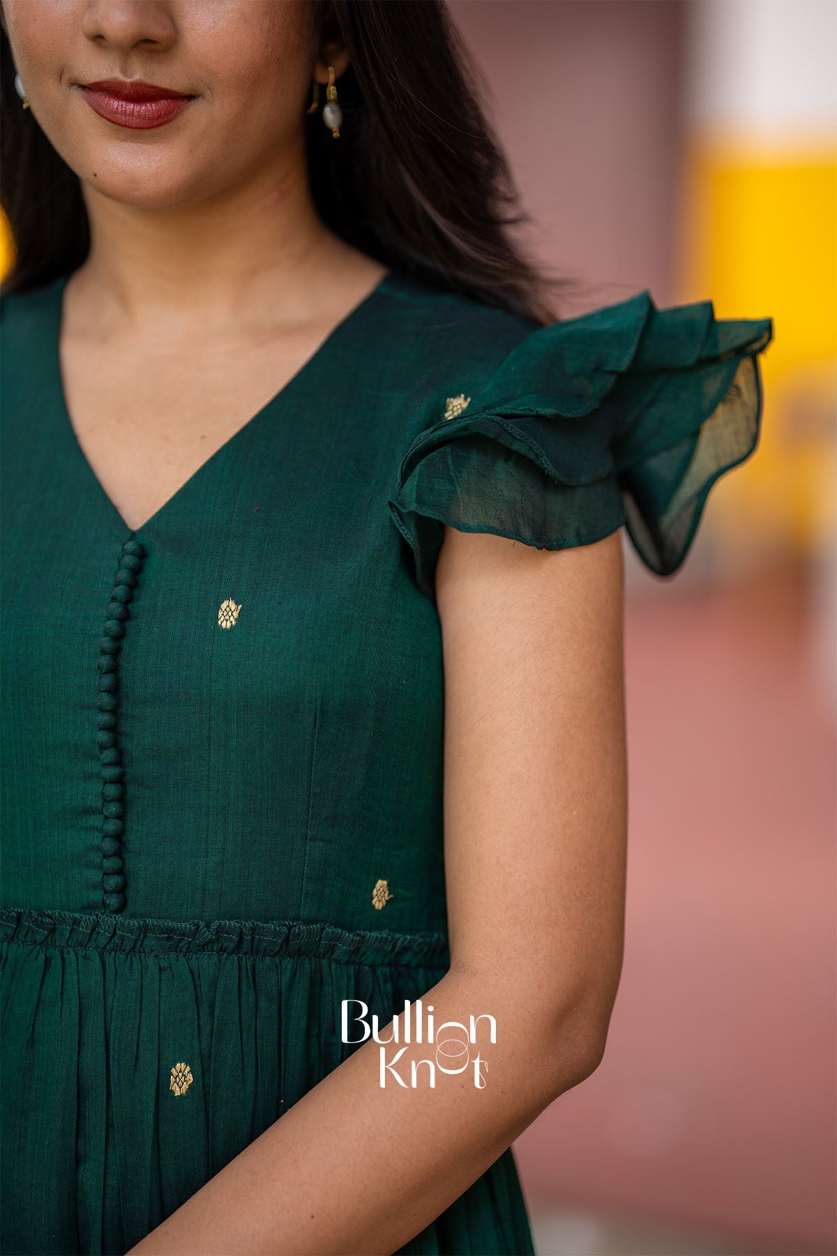 Ishani Handloom Midi(Dress) in Bottle Green