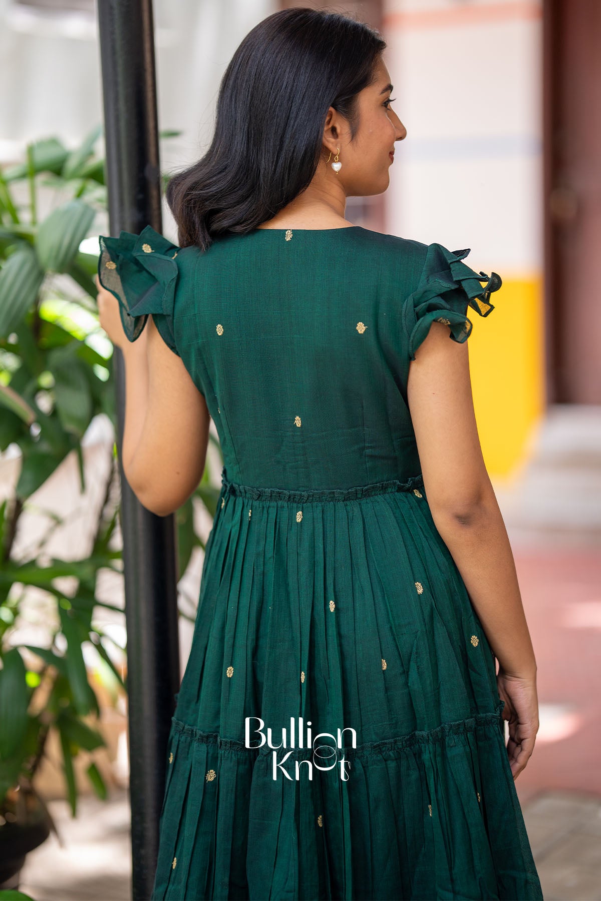 Ishani Handloom Midi(Dress) in Bottle Green