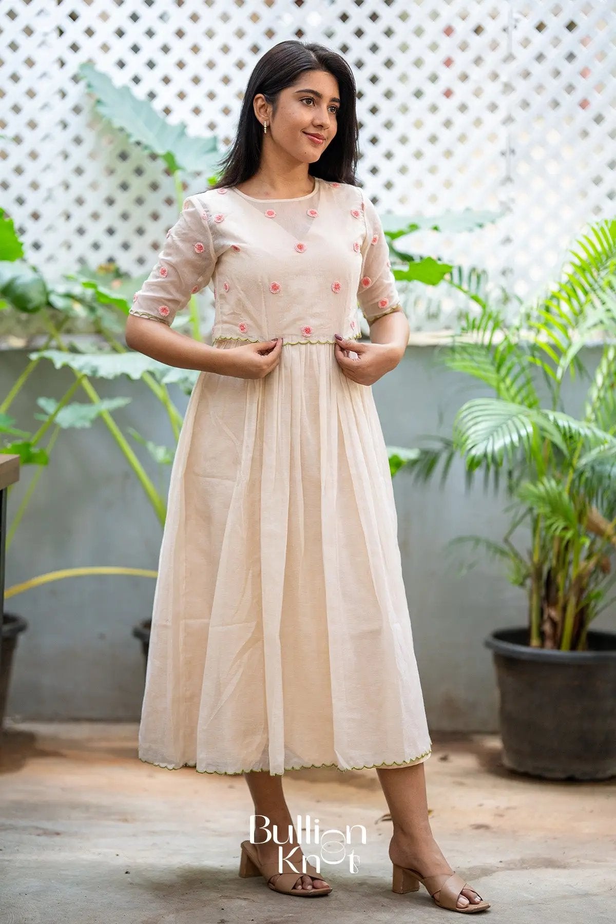 Eira Kota Doria Midi(Dress) in Beige