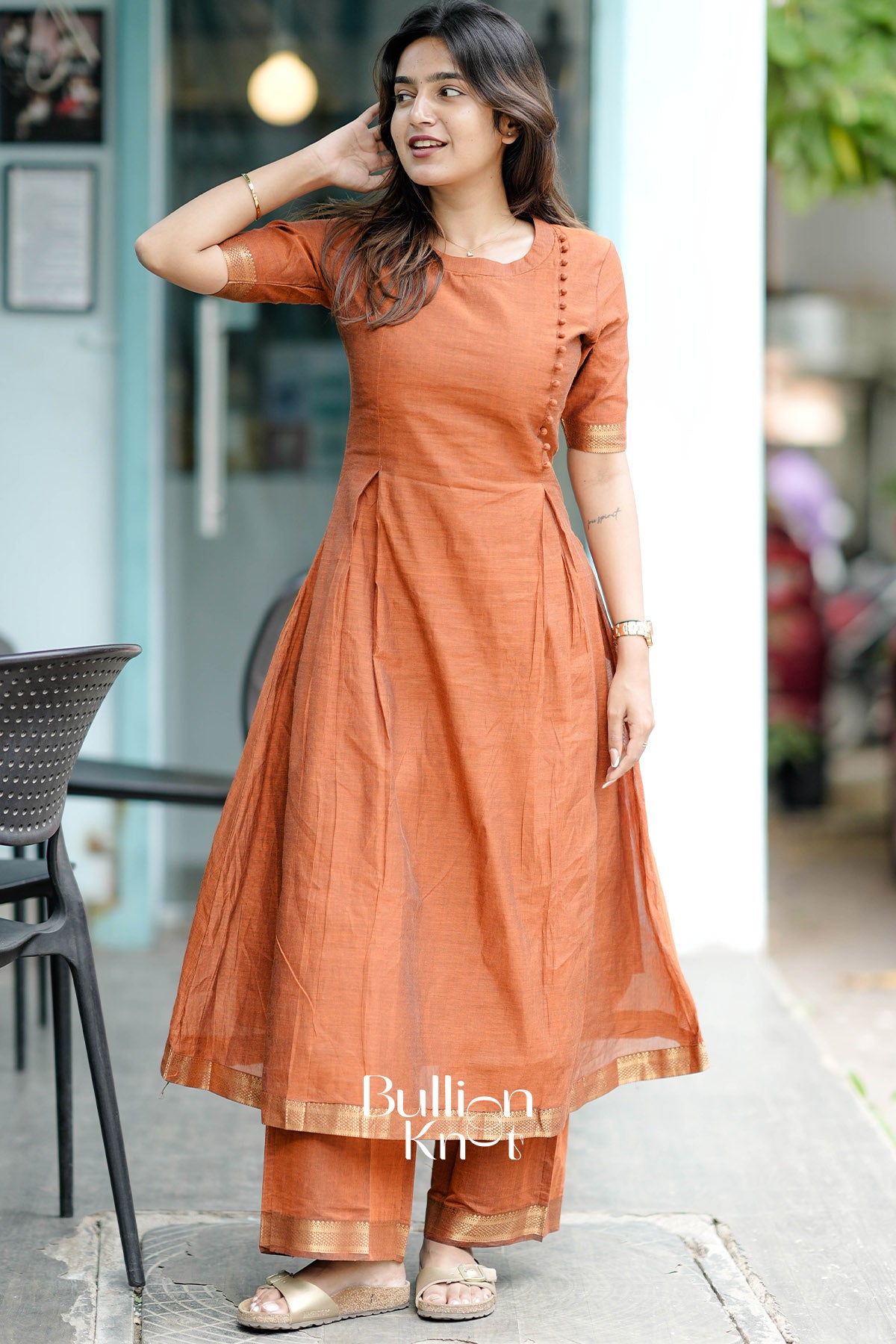 Tejasvi Handloom Rust Yellow Flared Kurta Set