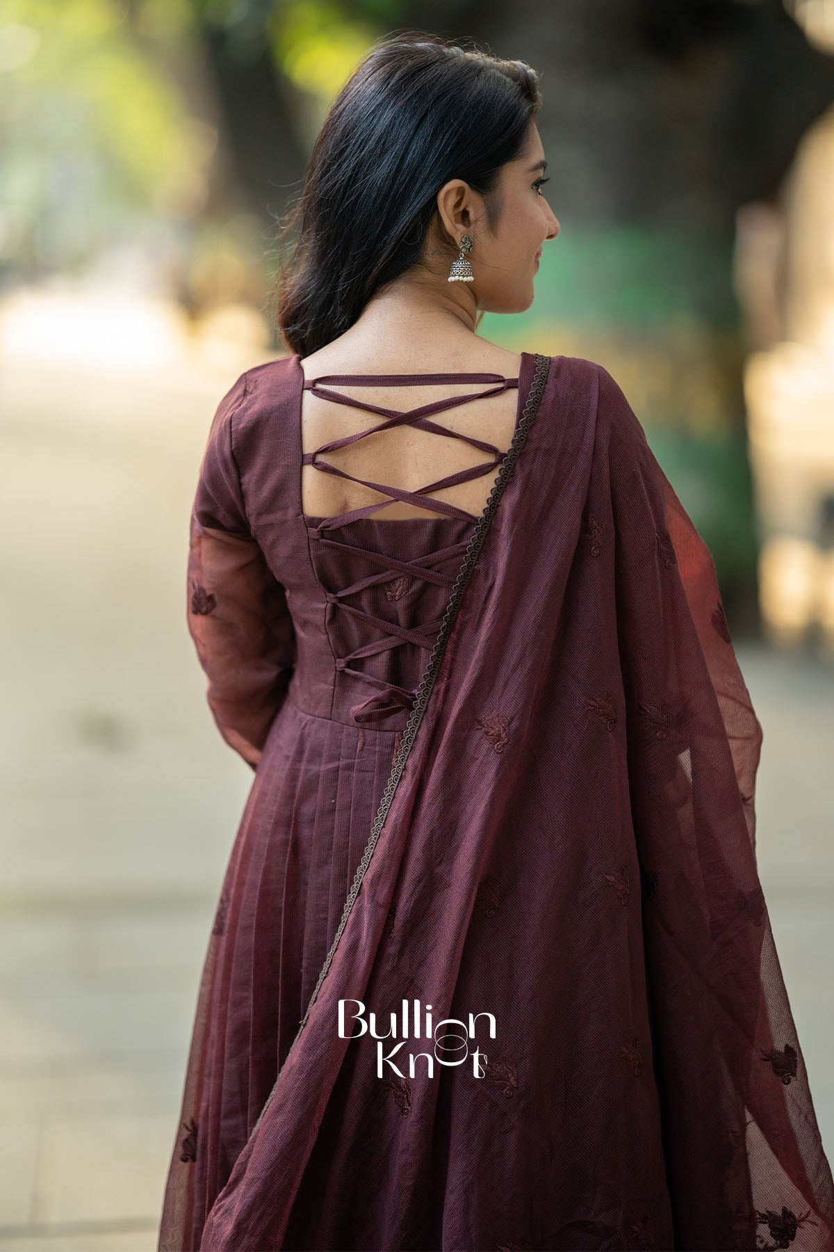 Designer Back Pattern of Brown Kota Anarkali with Embroidered Details – BullionKnot