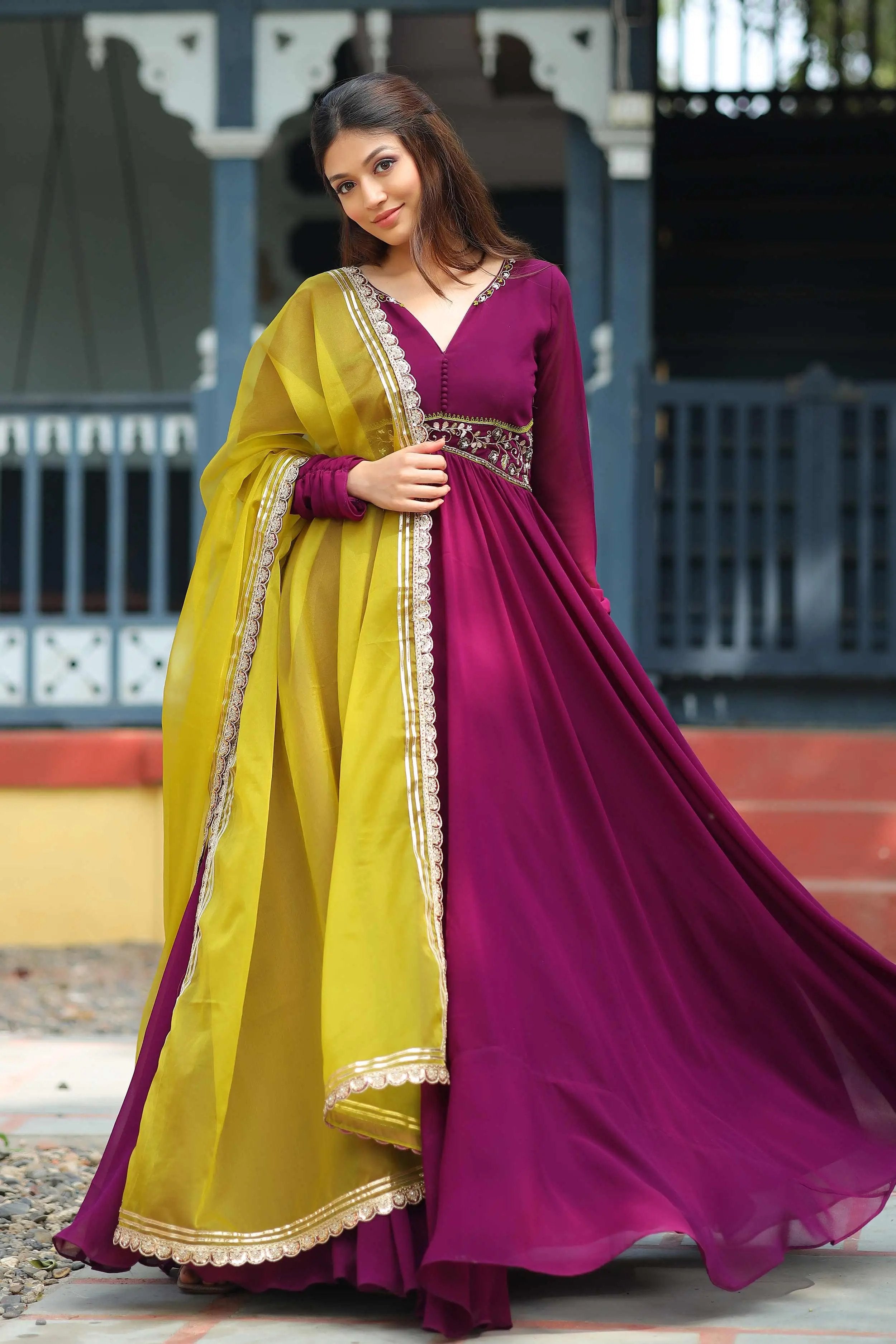 Embellishment Wine Anarkali Set - Bullionknot