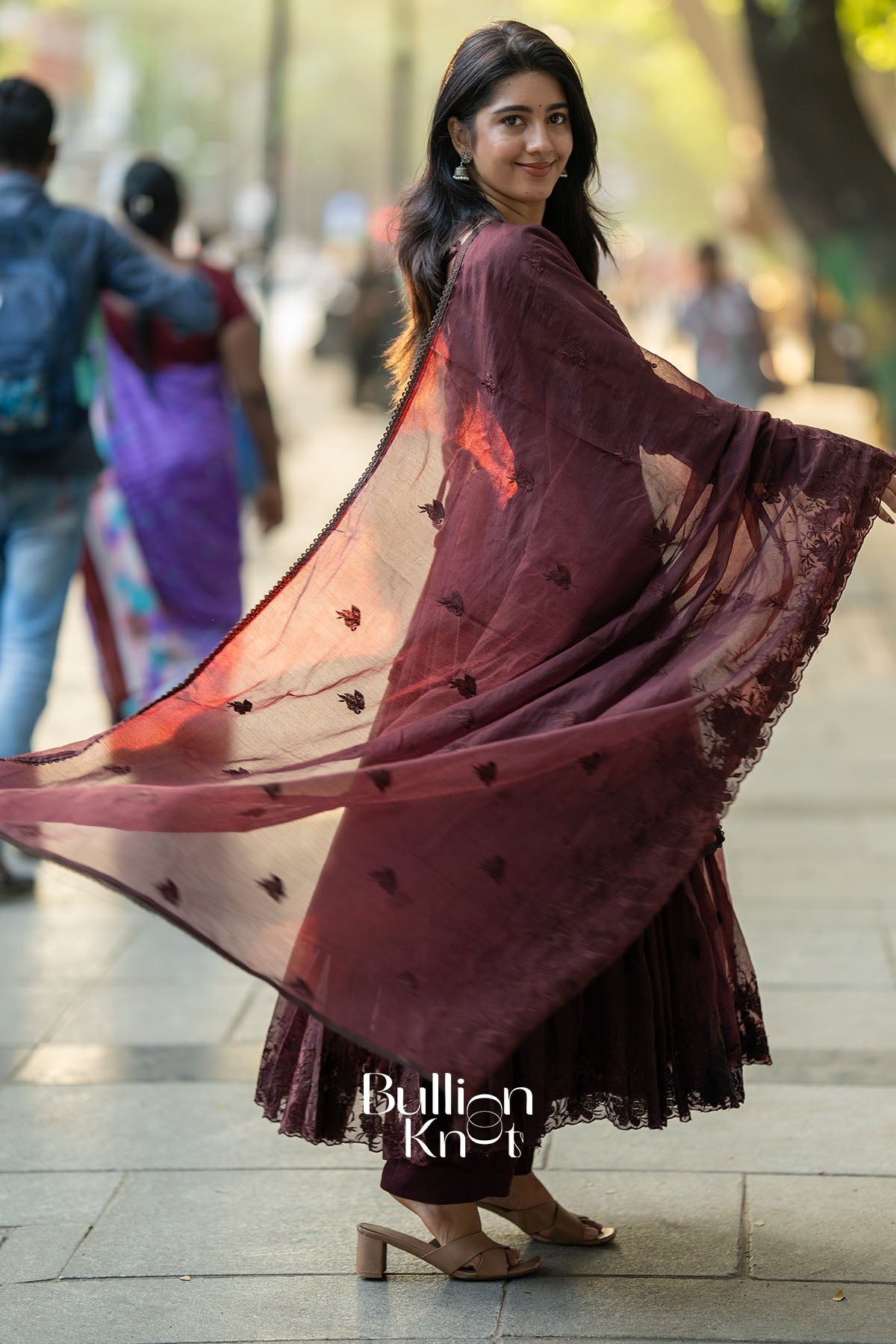 Elegant Brown Kota Anarkali Dress with Sheer Embroidered Sleeves and Matching Dupatta