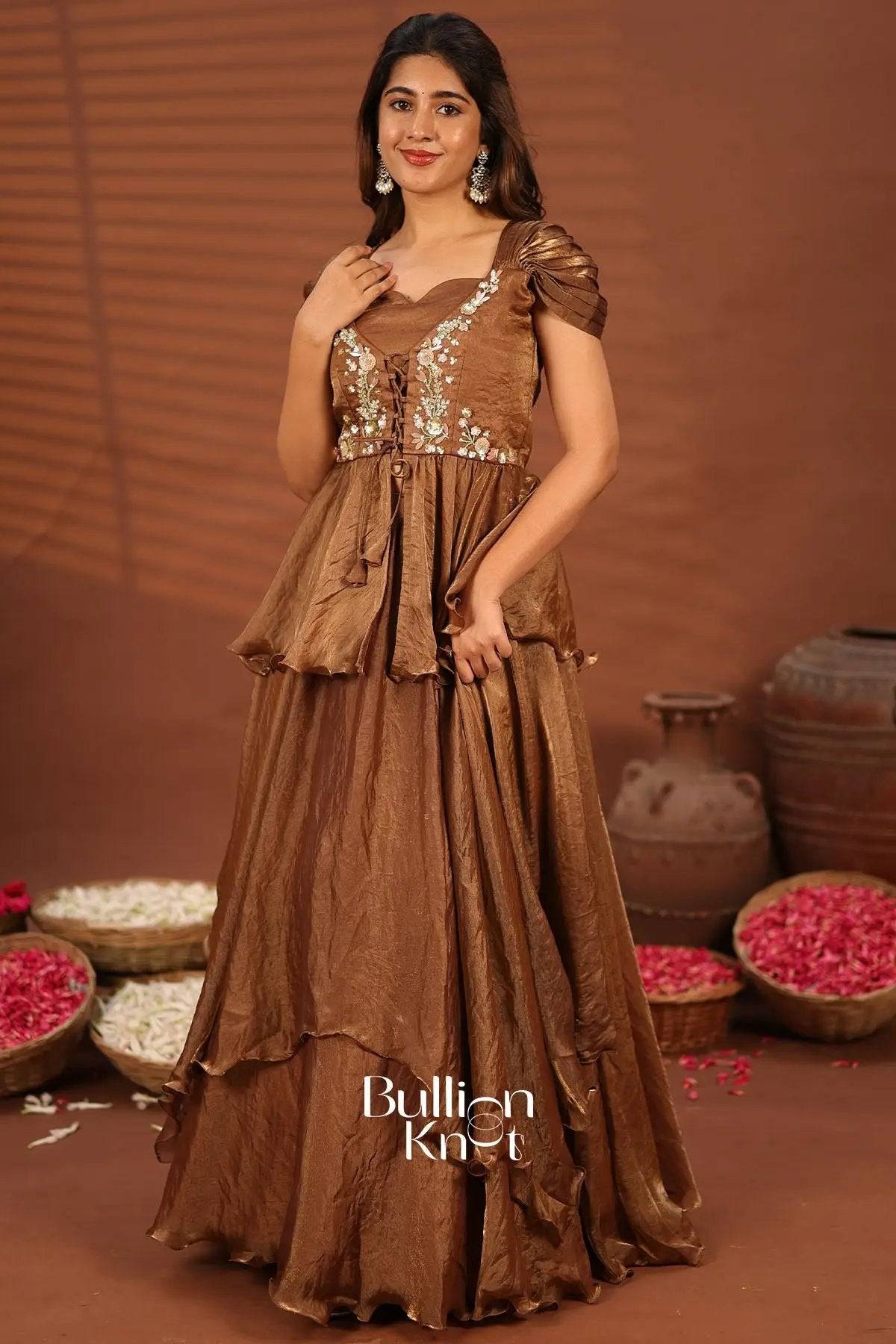 Fiza copper Indowestern dress with floral embroidery for traditional occasions