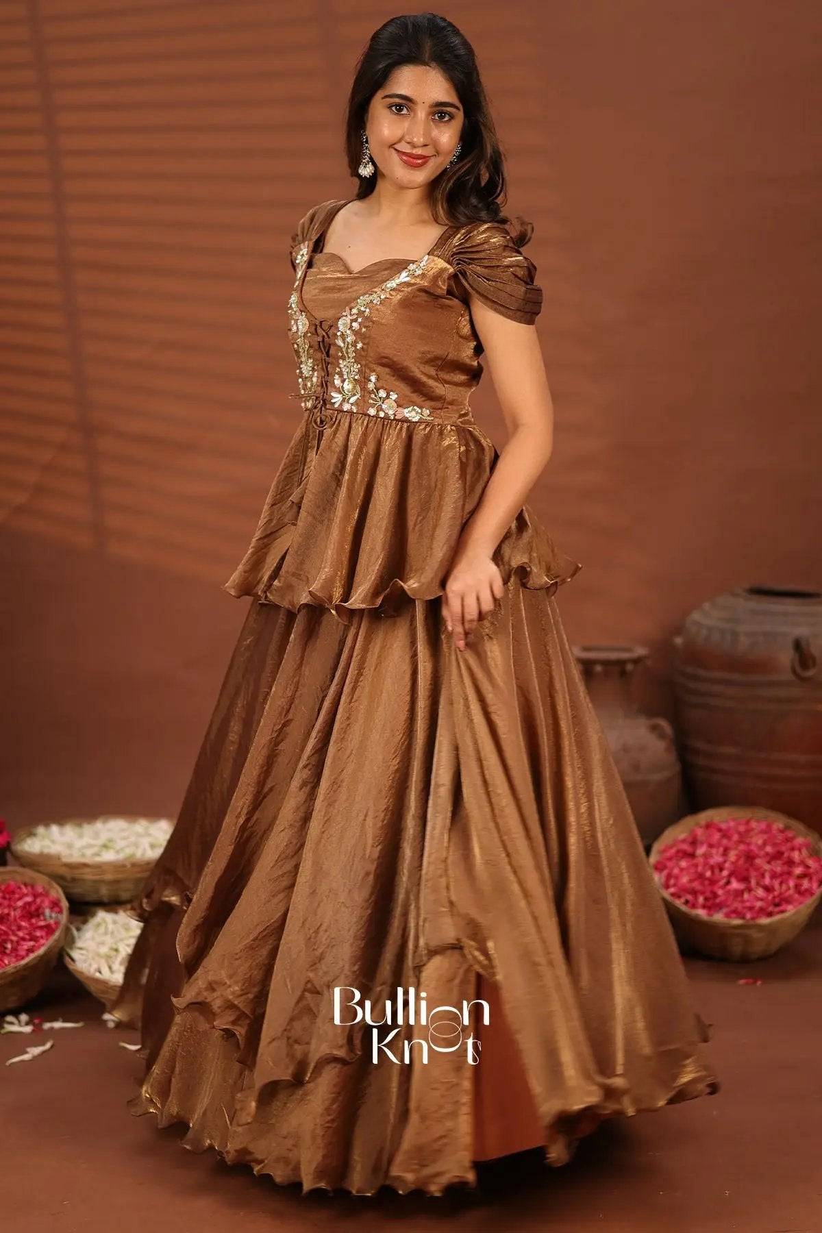 Brown Indowestern dress with floral embroidery for women