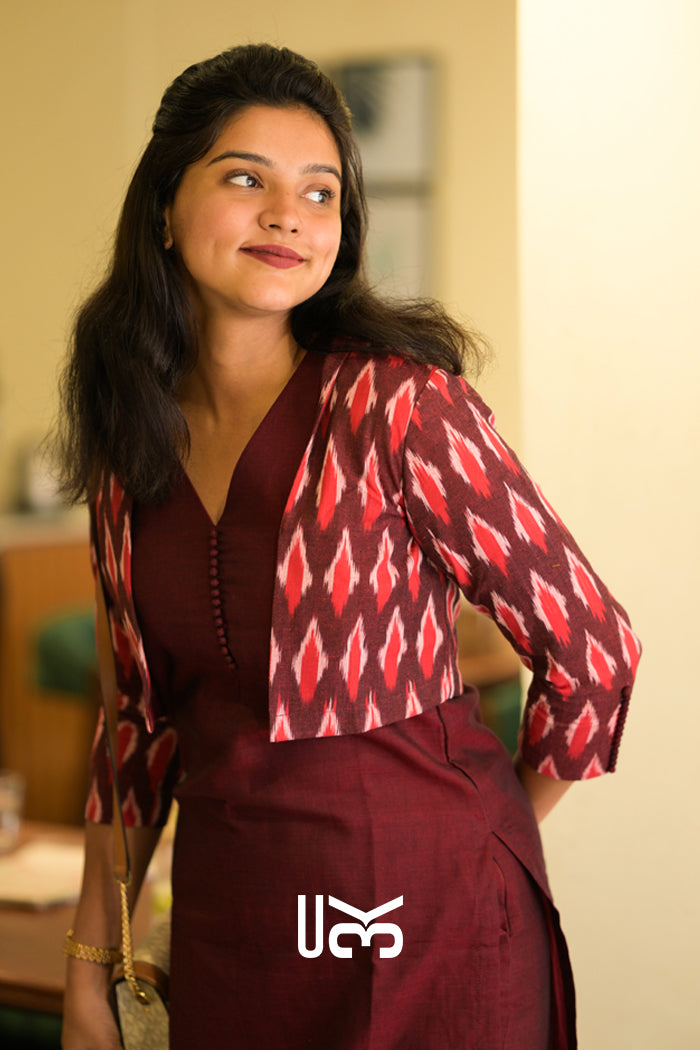 Garnet Handloom Kurta Jacket Set in Maroon