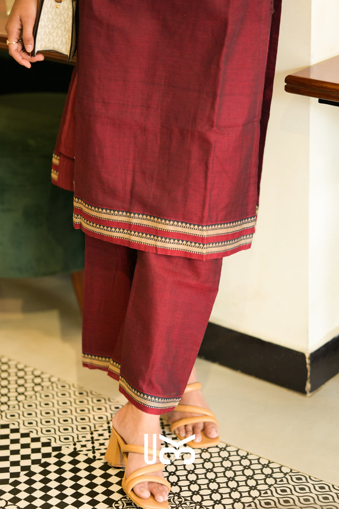 Garnet Handloom Kurta Jacket Set in Maroon