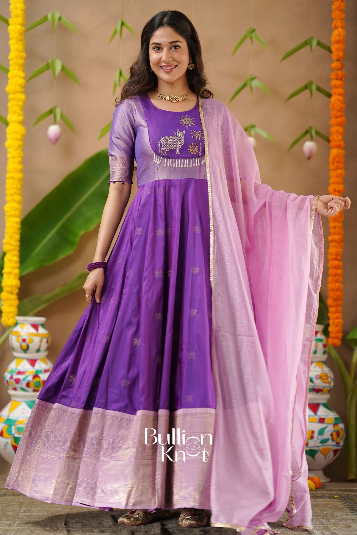 Gopika Soft Silk Purple Handwork Anarkali Gown Dress