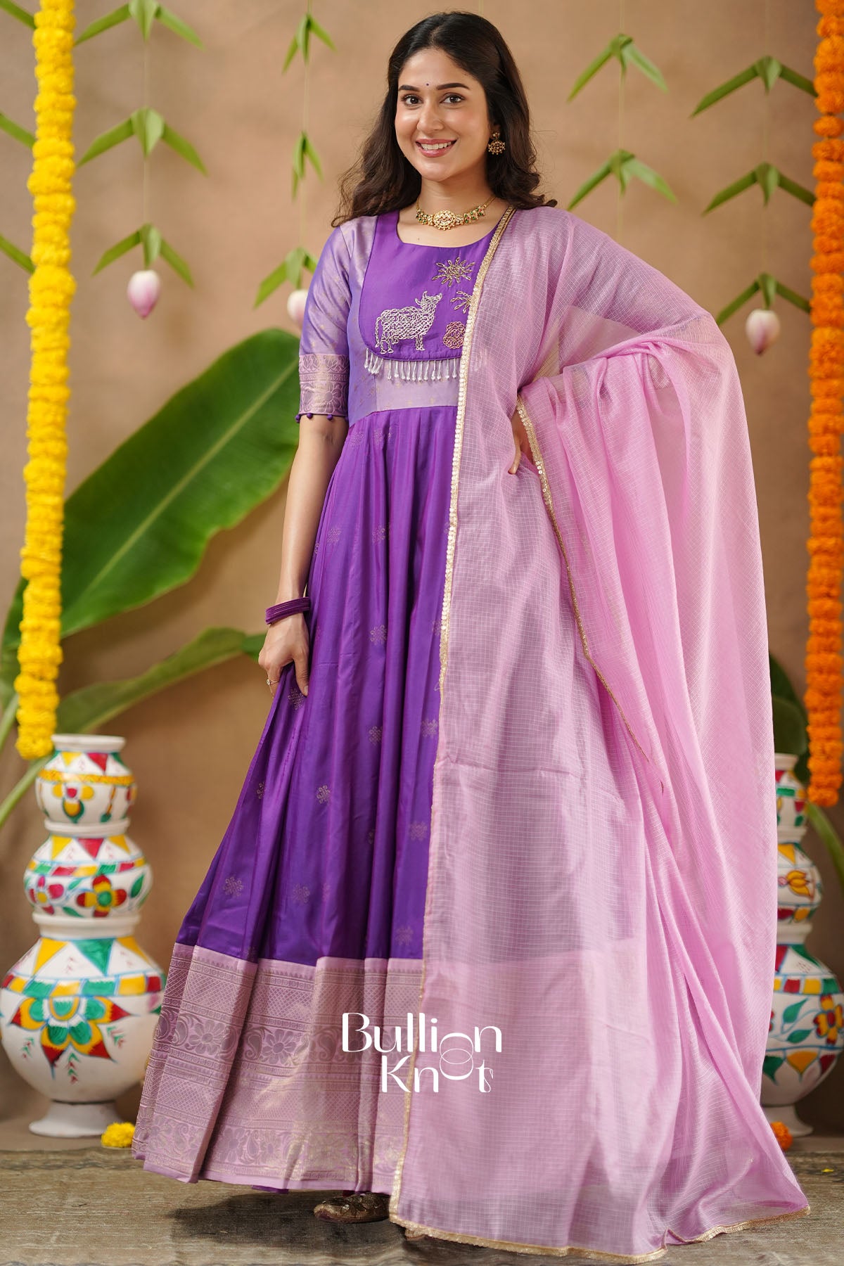 Gopika Soft Silk Purple Handwork Anarkali Gown Dress