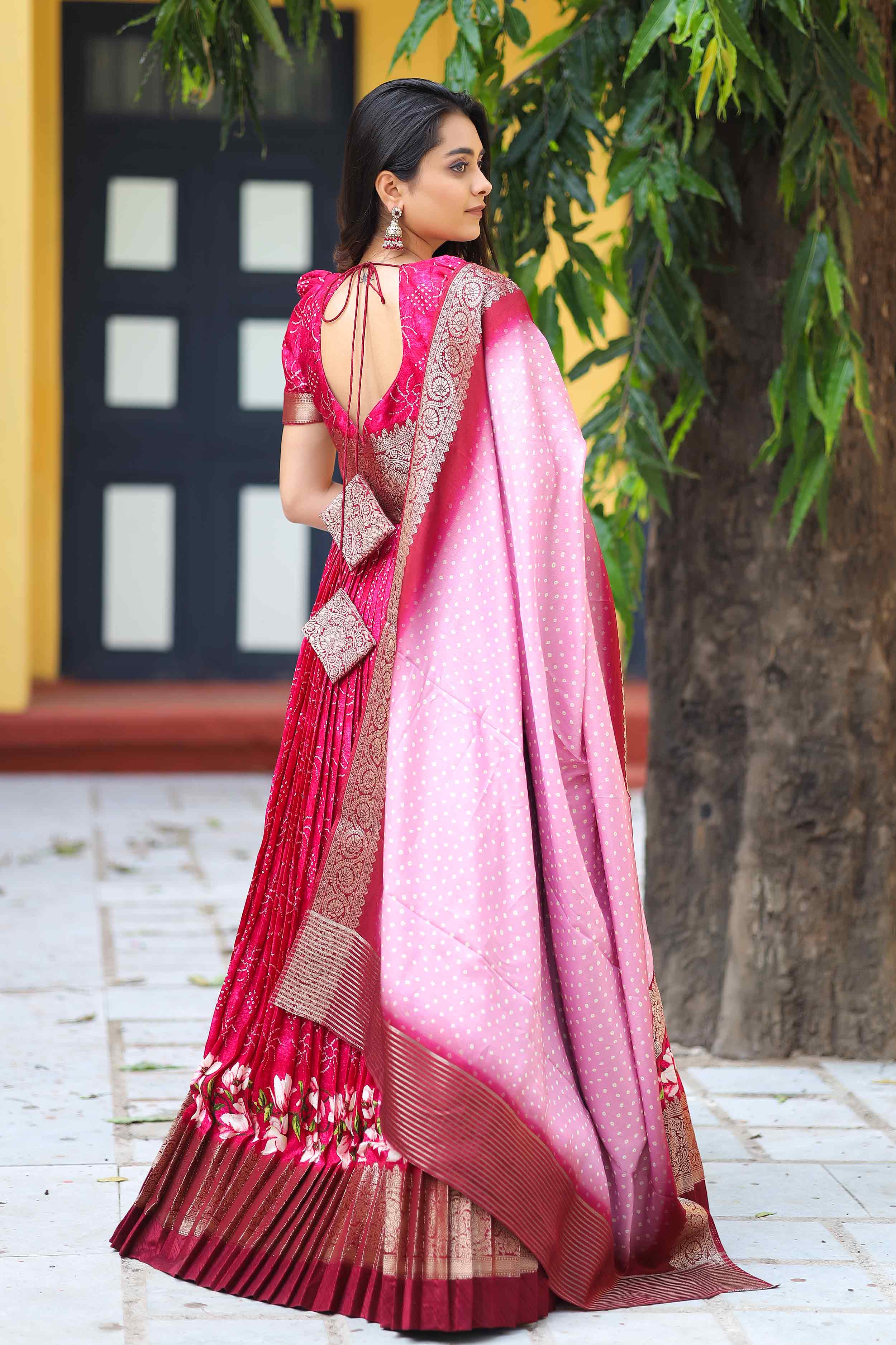 a woman in pink Bandhej Anarkali Dress