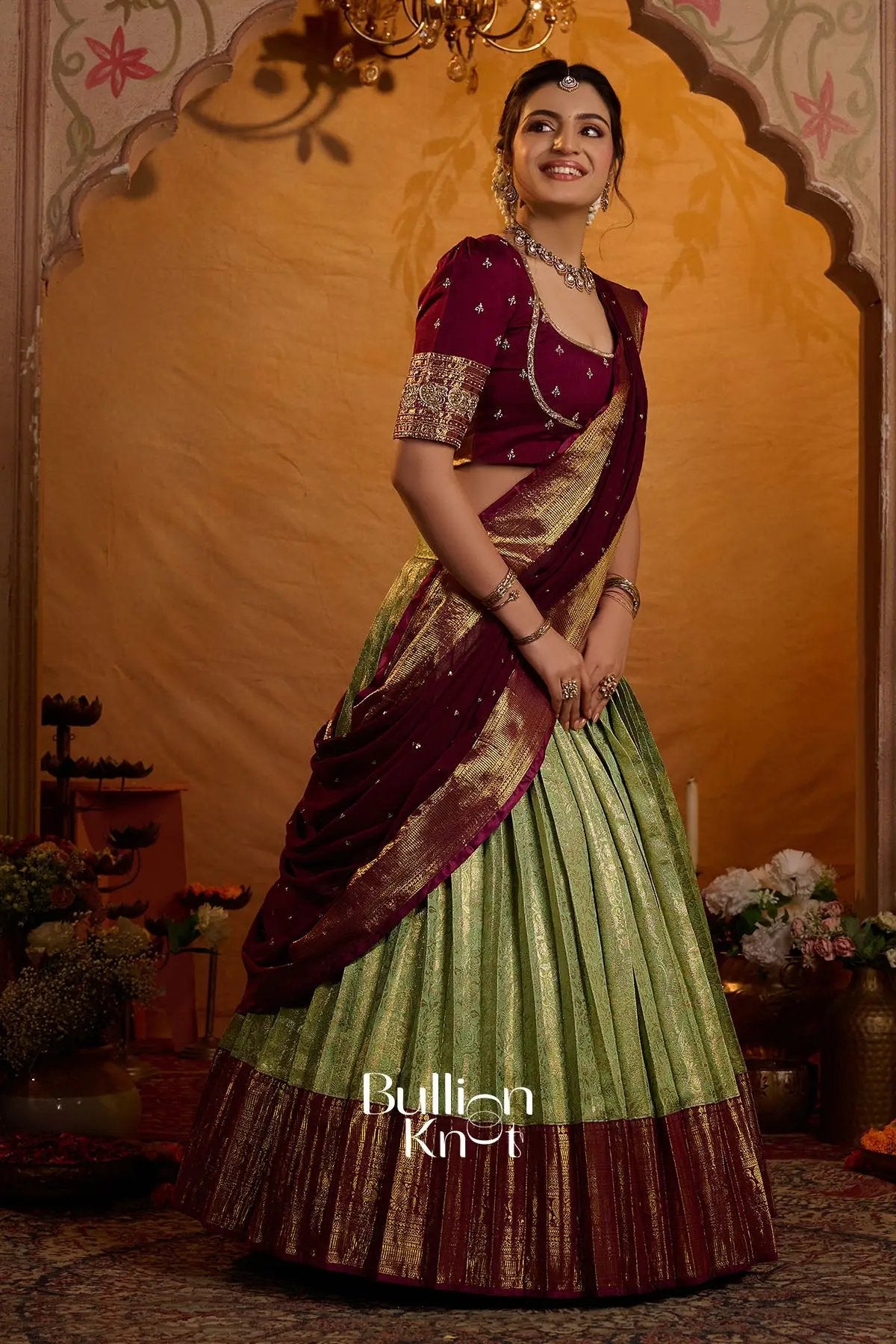 Indira Vastra Soft Silk Lehenga Set In Lime Green