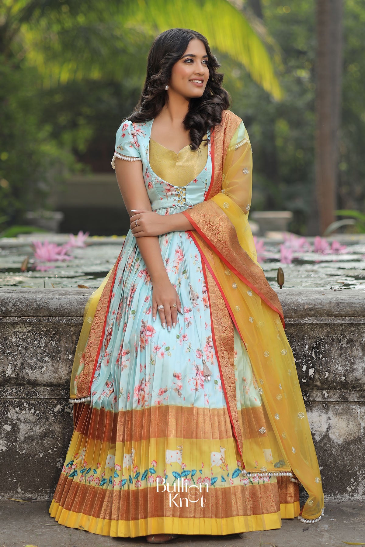 Iris Floral Pichwai Silk (Dress) in IceBlue