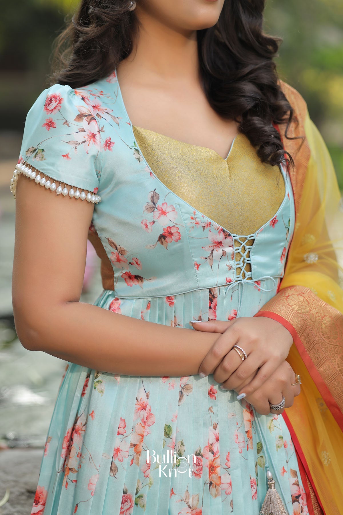 Iris Floral Pichwai Silk (Dress) in IceBlue