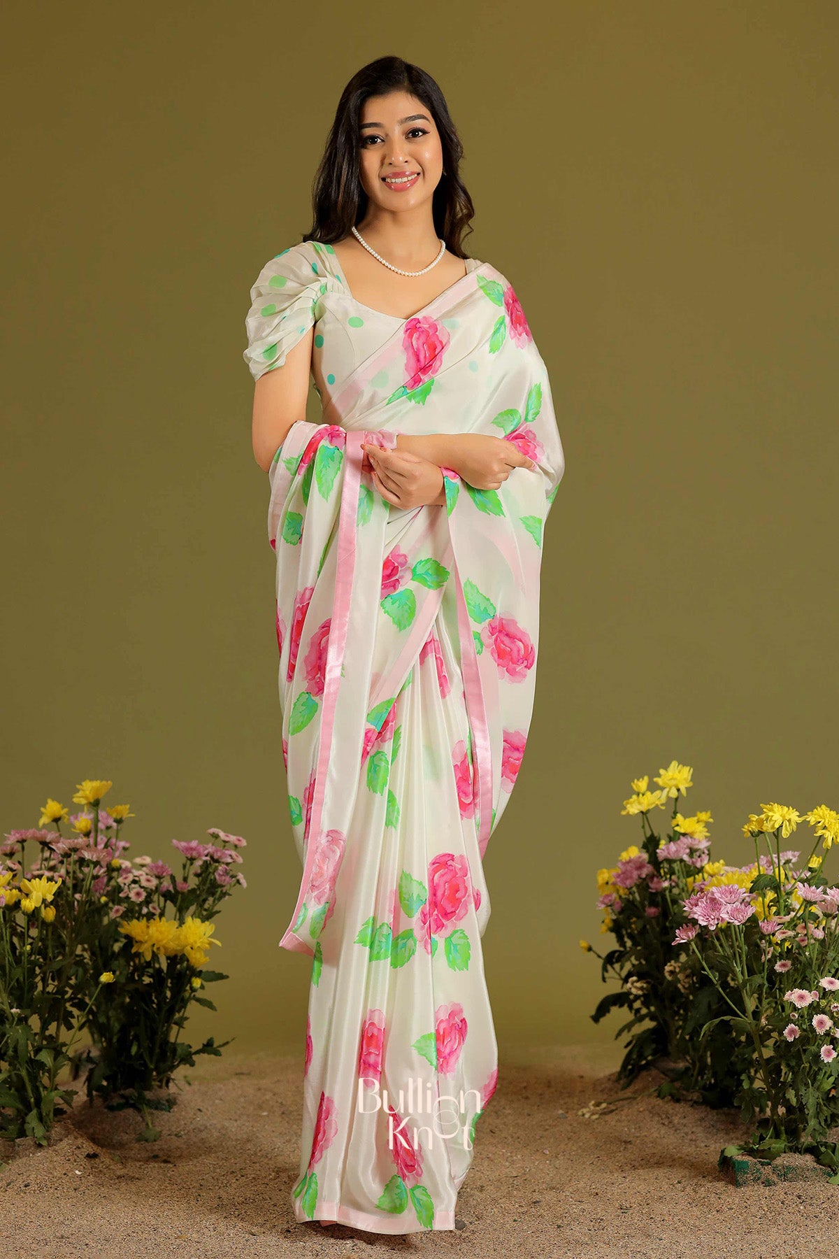 Jessika Rose Retro Print Saree in White