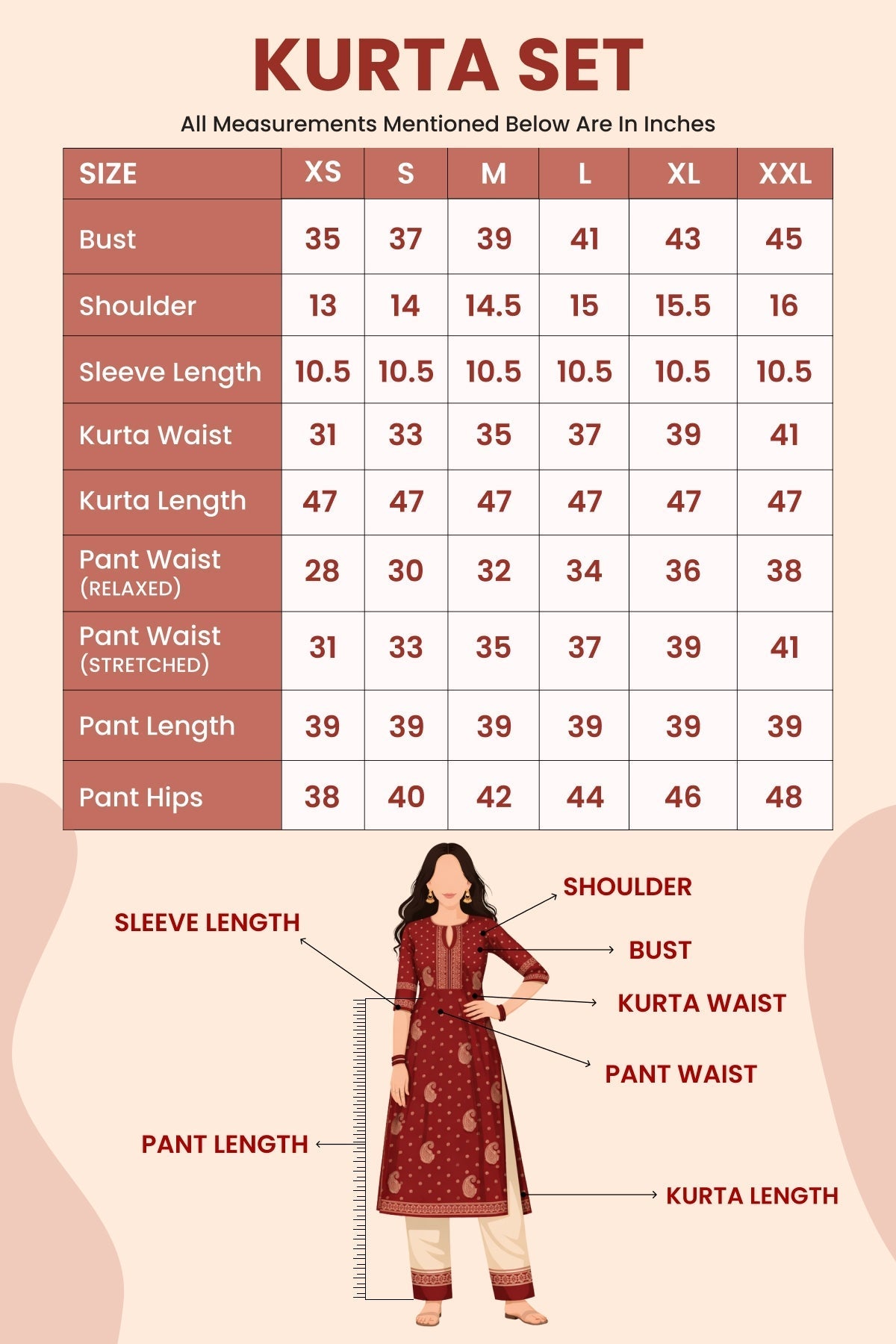 Kurta set size chart with measurements for bust, shoulder, sleeve, waist, length, and hips