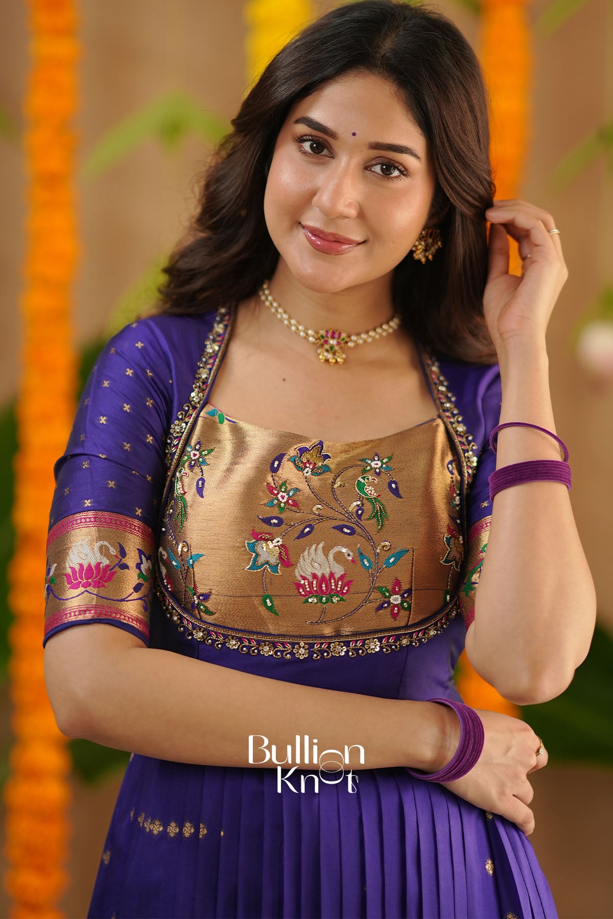 Kanika Soft Silk Blue Anarkali Gown with delicate handwork detailing – BullionKnot.”