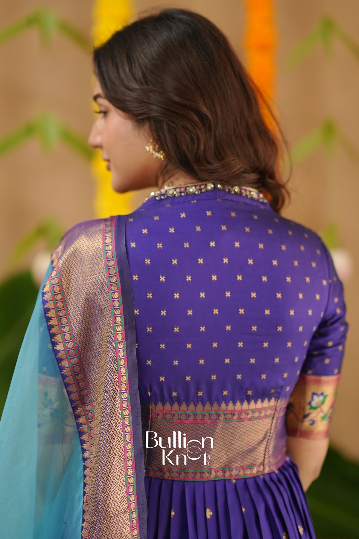 Kanika Soft Silk Blue Anarkali Gown with delicate handwork detailing – BullionKnot.”