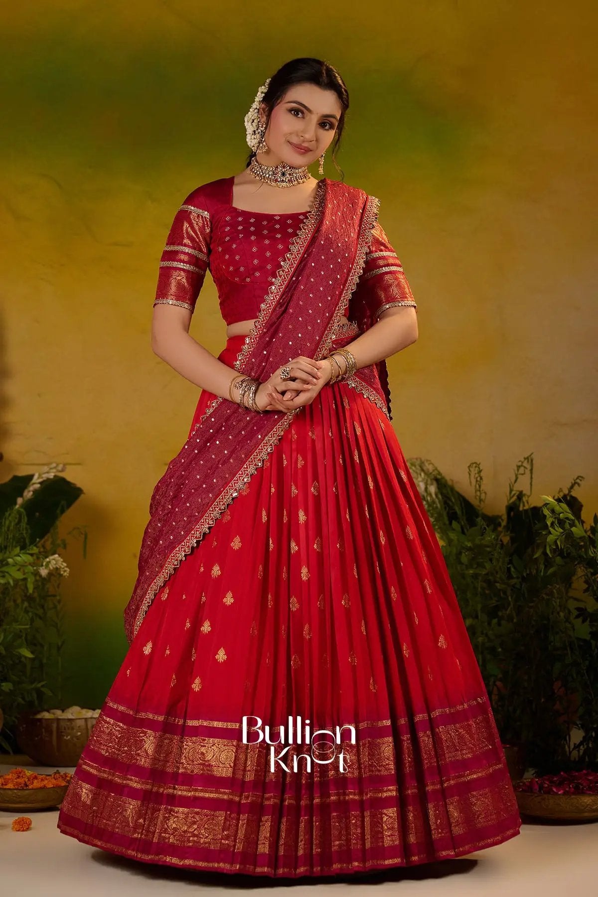 Kaushika Soft Silk Red Lehenga Set