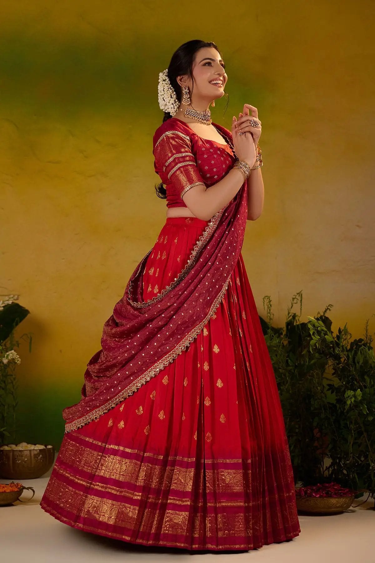 Kaushika Soft Silk Red Lehenga Set