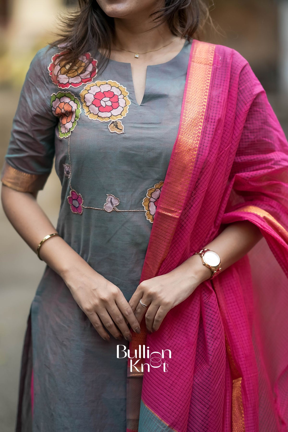 Close-up of neckline design on Khushali Grey Suit Set